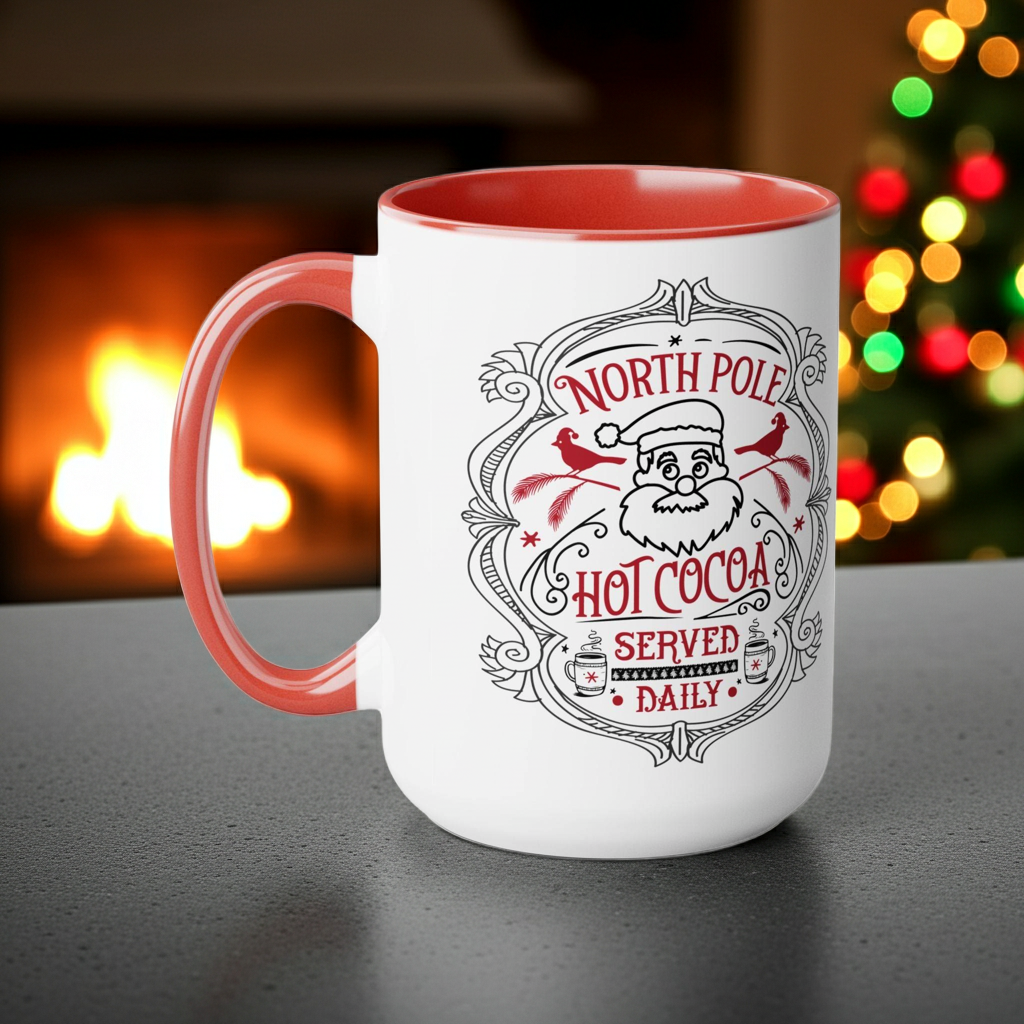 White mug with red interior and handle, featuring a Santa Claus design and text, set against a festive background with a fireplace and Christmas tree.