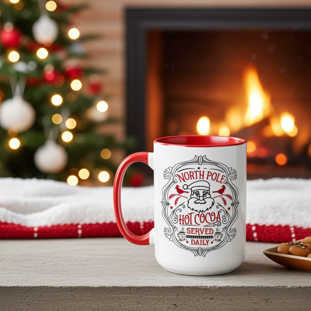 White mug with red interior and 'North Pole Hot Cocoa' design in front of a Christmas tree and fireplace.