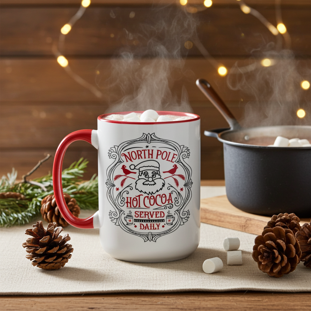 White mug with red rim labeled 'North Pole Hot Cocoa Served Daily' on a wooden table with steam and festive decor.