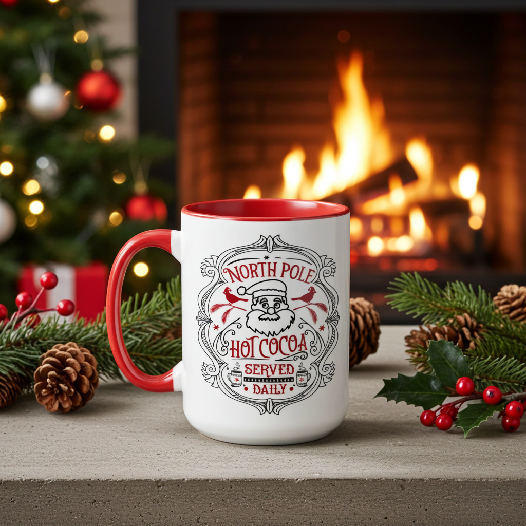 White mug with red interior and handle, featuring a Christmas-themed design, in front of a fireplace and decorated tree.