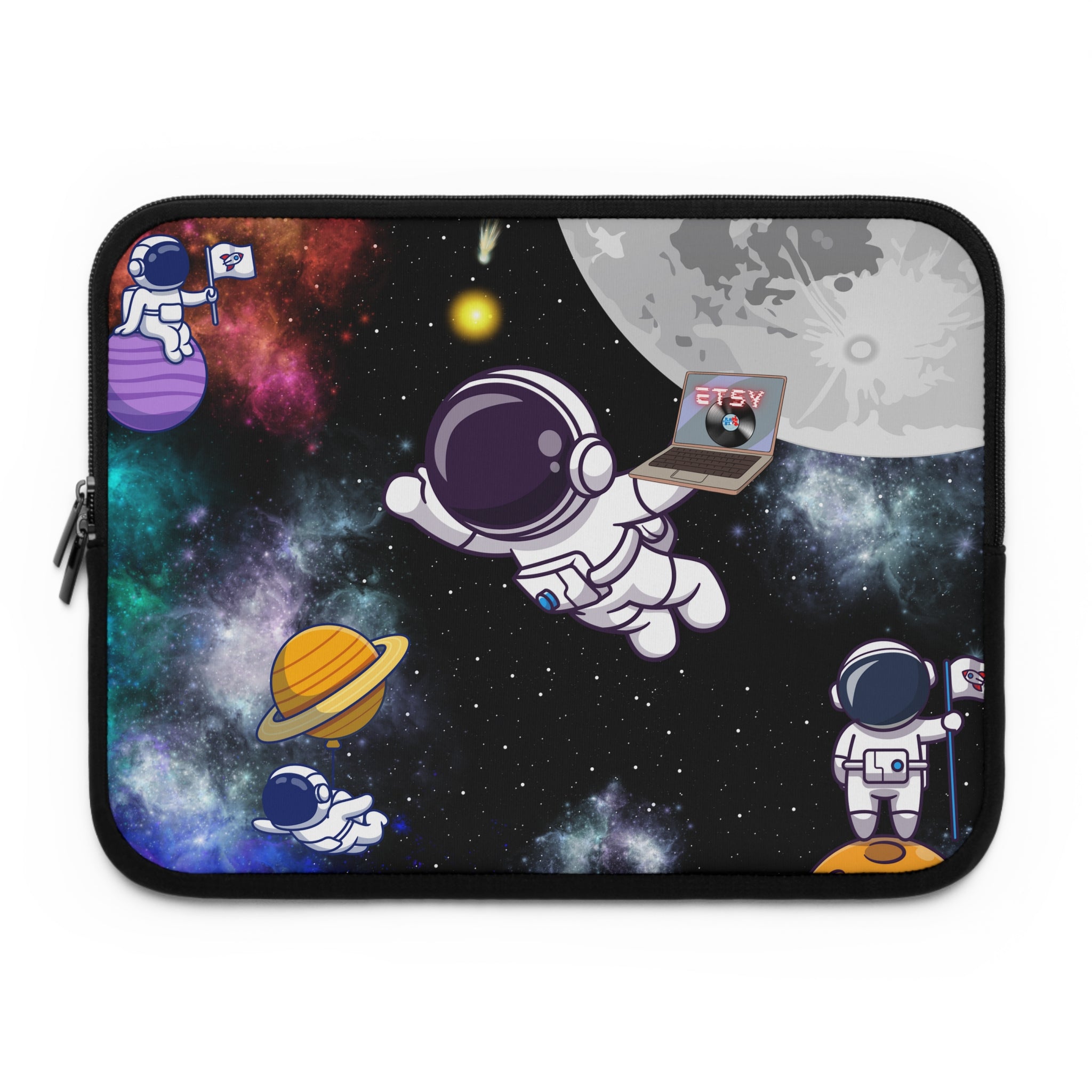 Laptop sleeve with space-themed design featuring astronauts and planets on a white background
