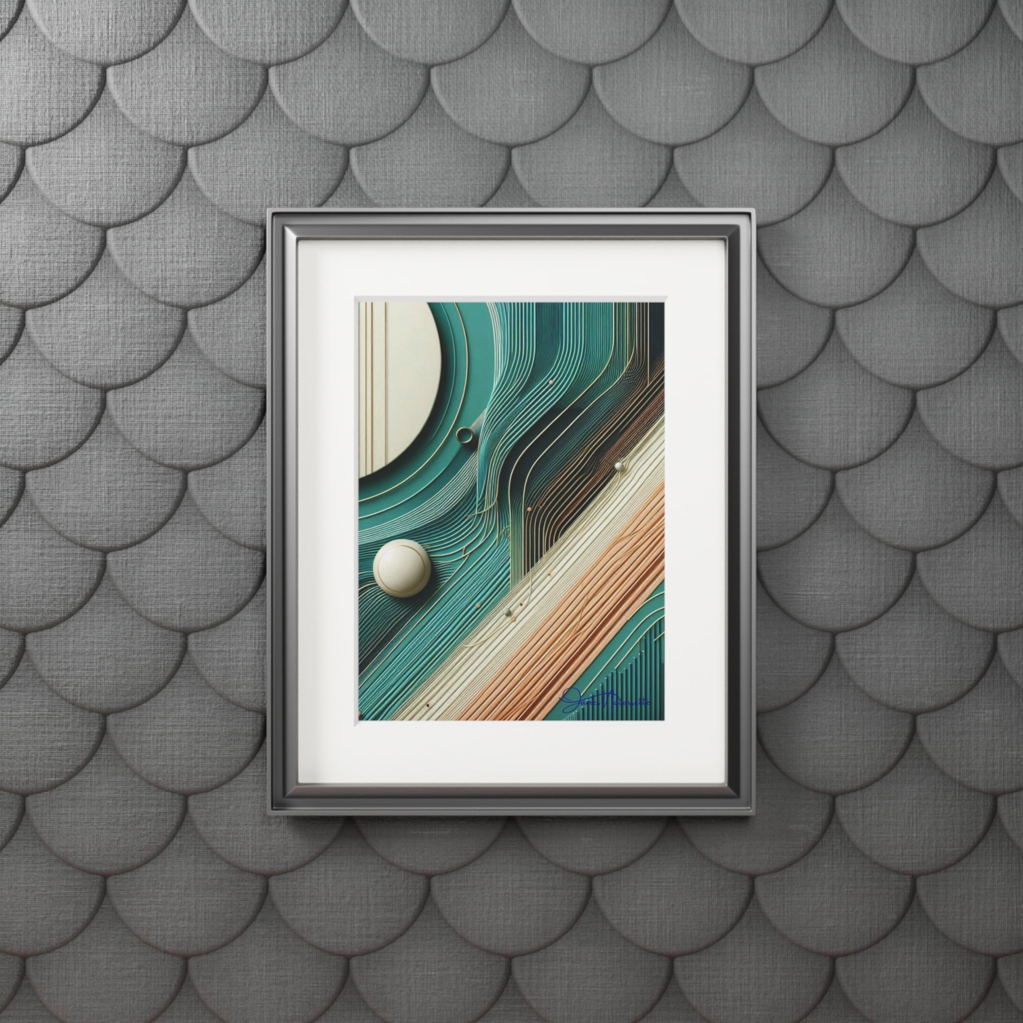 Framed abstract artwork with geometric design on a textured gray wall