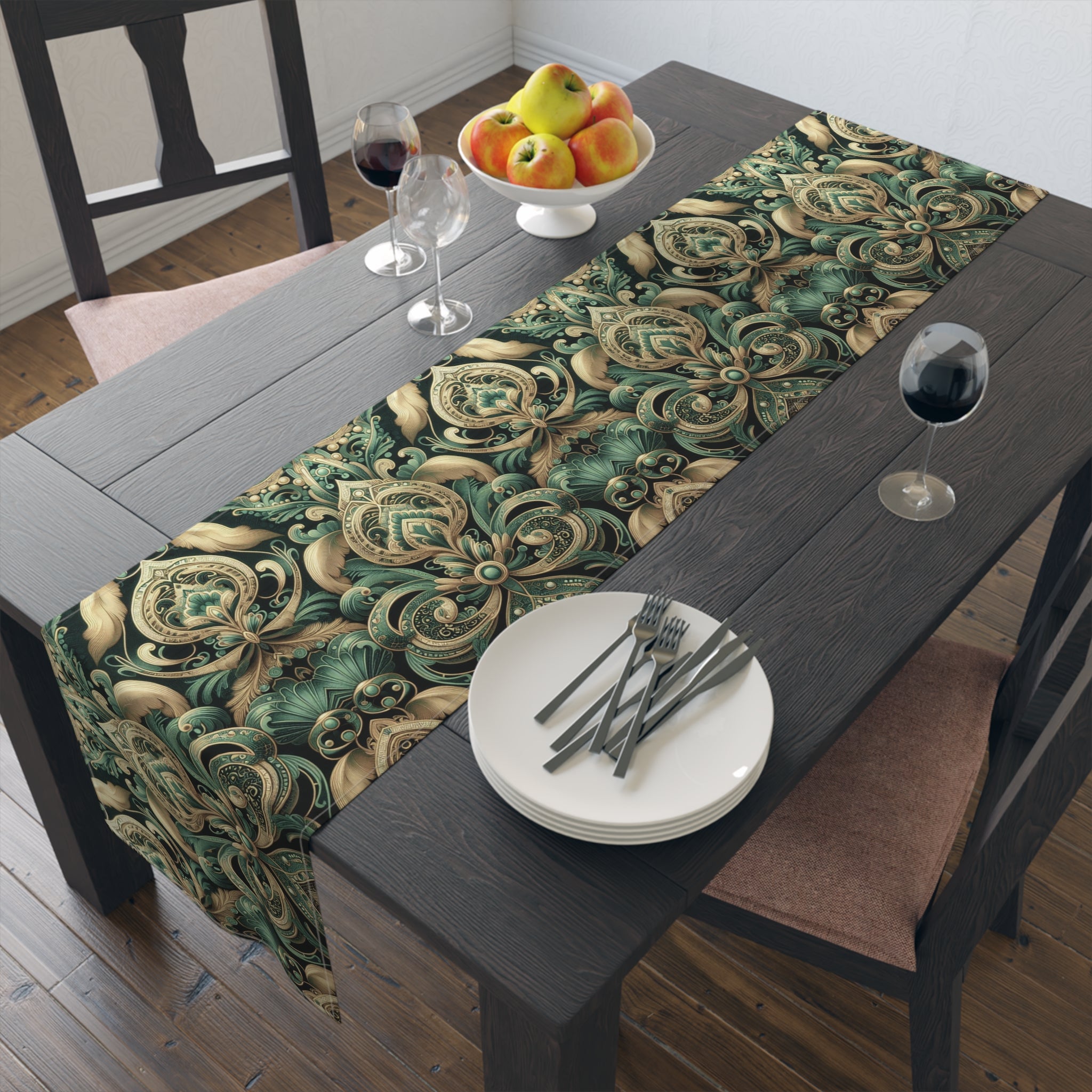 Elaborate Emerald Floral Table Runner