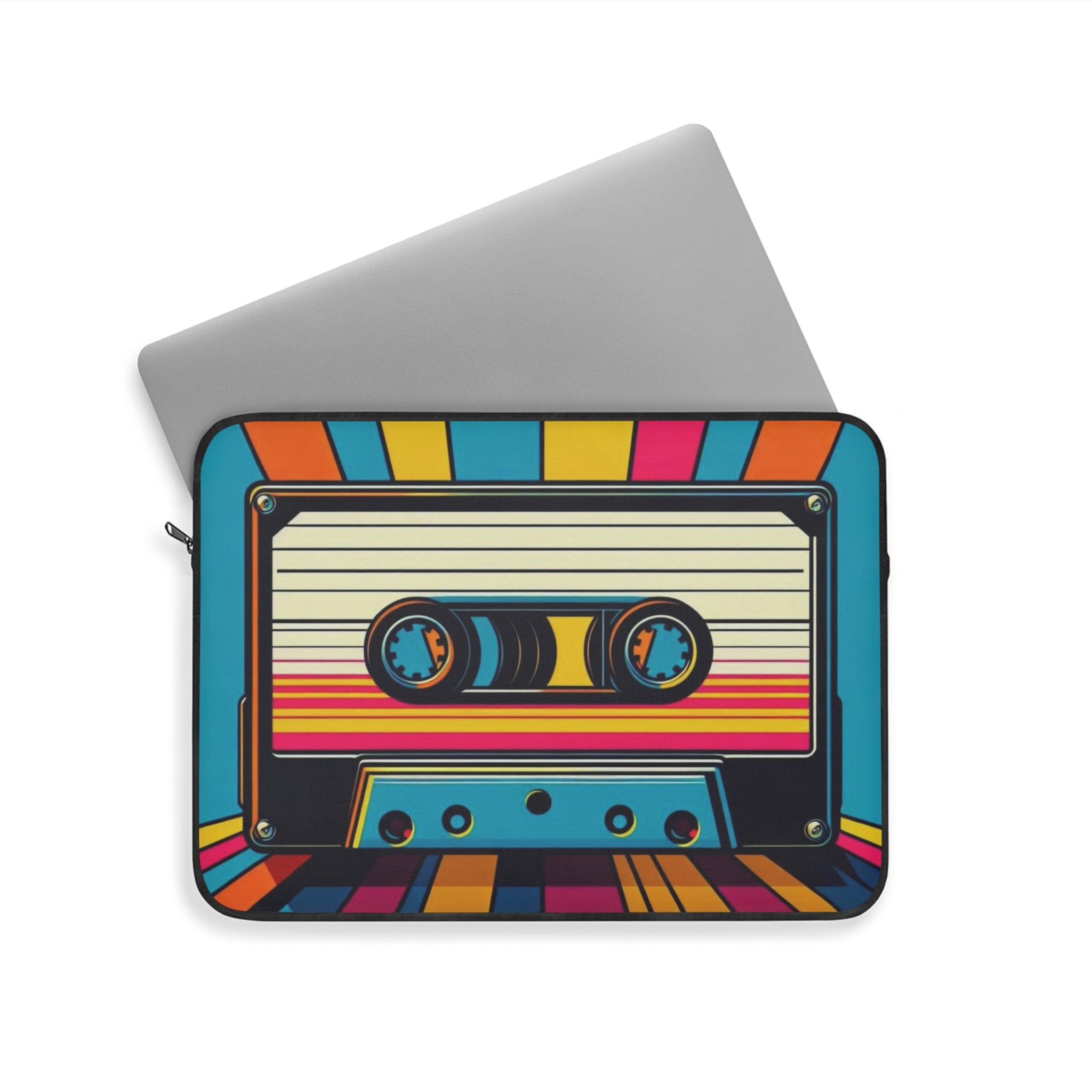 Laptop sleeve with a colorful cassette tape design on a white background