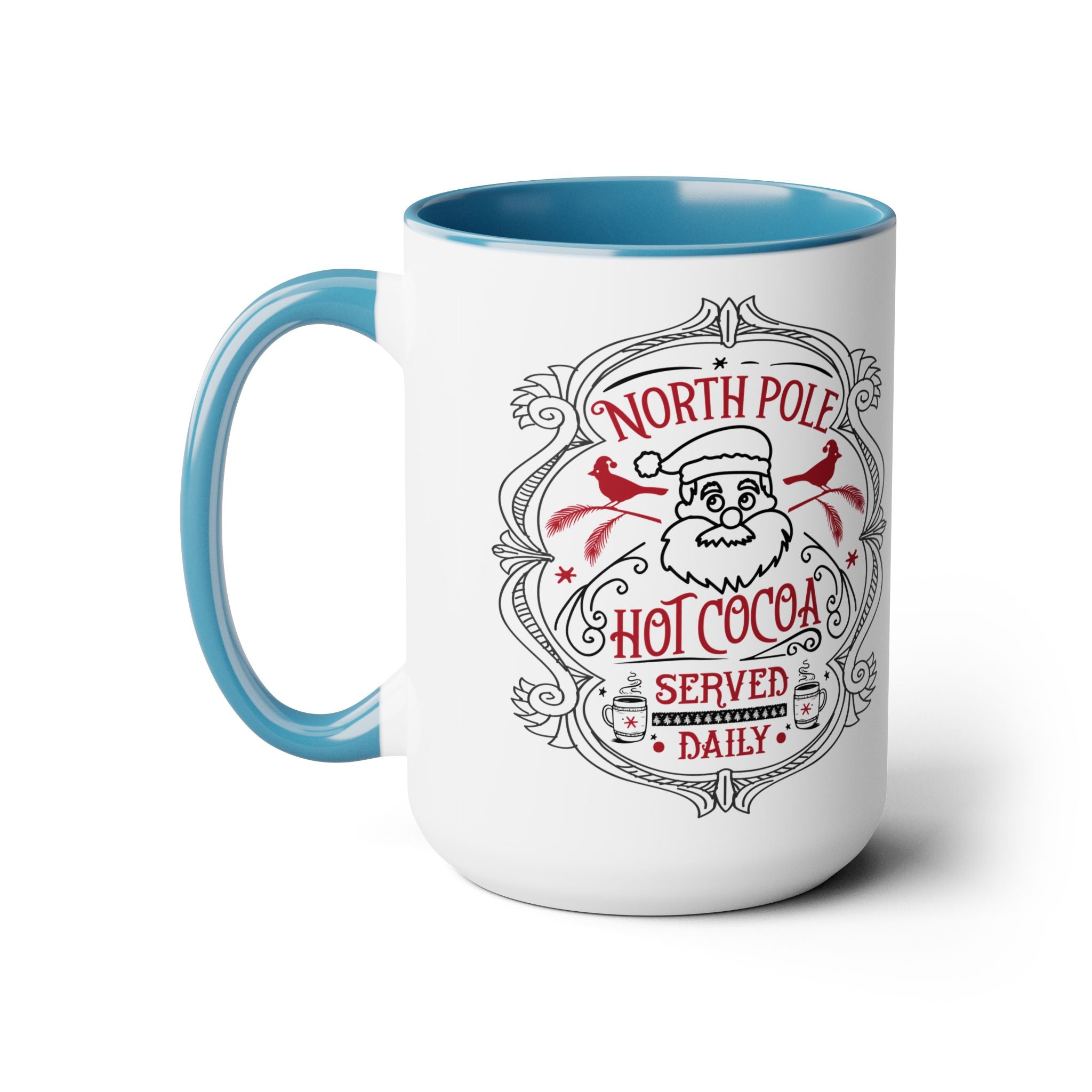 White mug with blue interior and handle, featuring a Santa Claus design and text.