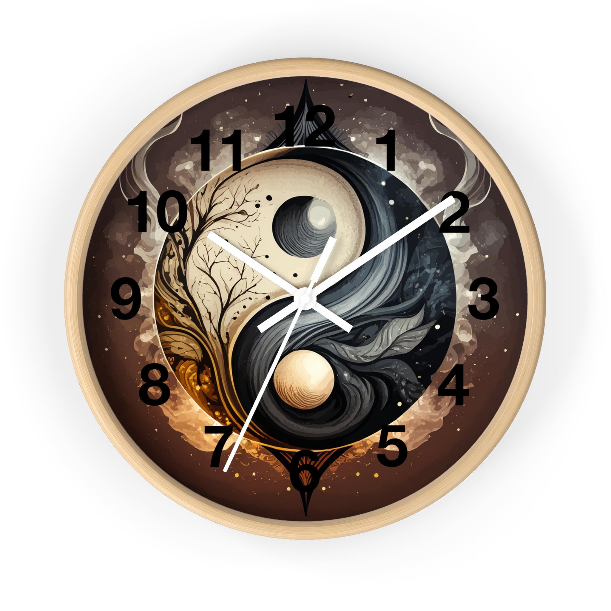 Decorative wall clock with yin yang design on a white background