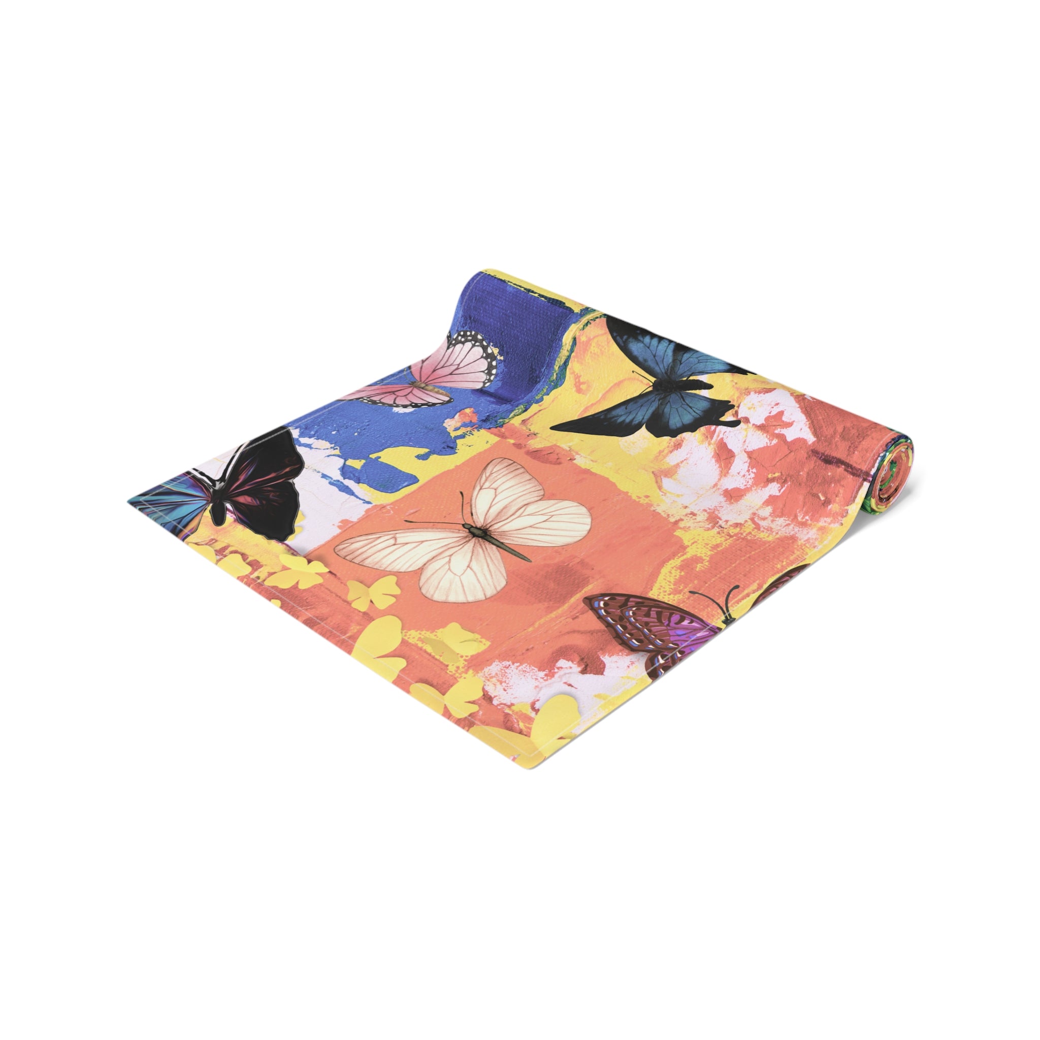 Colorful mat with butterfly design on a white background