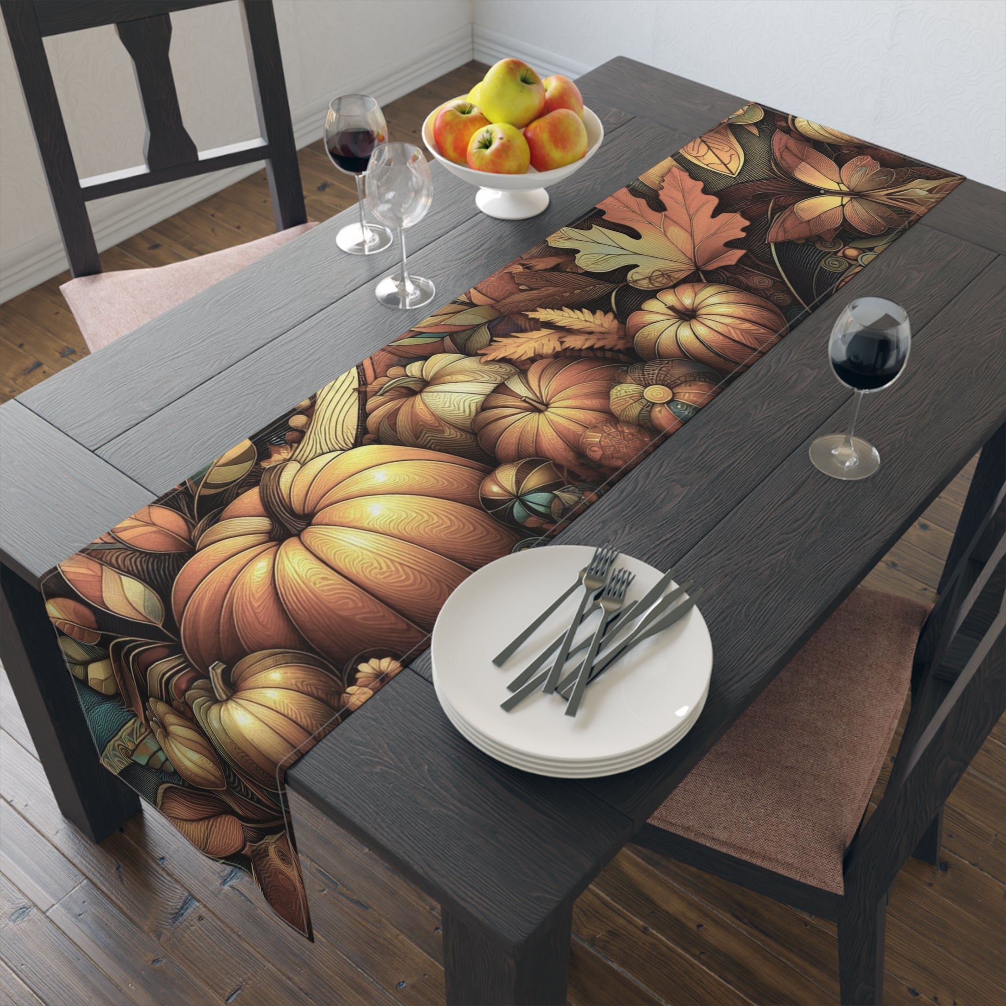 Dining table with a fall-themed table runner featuring pumpkins and leaves, set with plates, cutlery, and wine glasses.