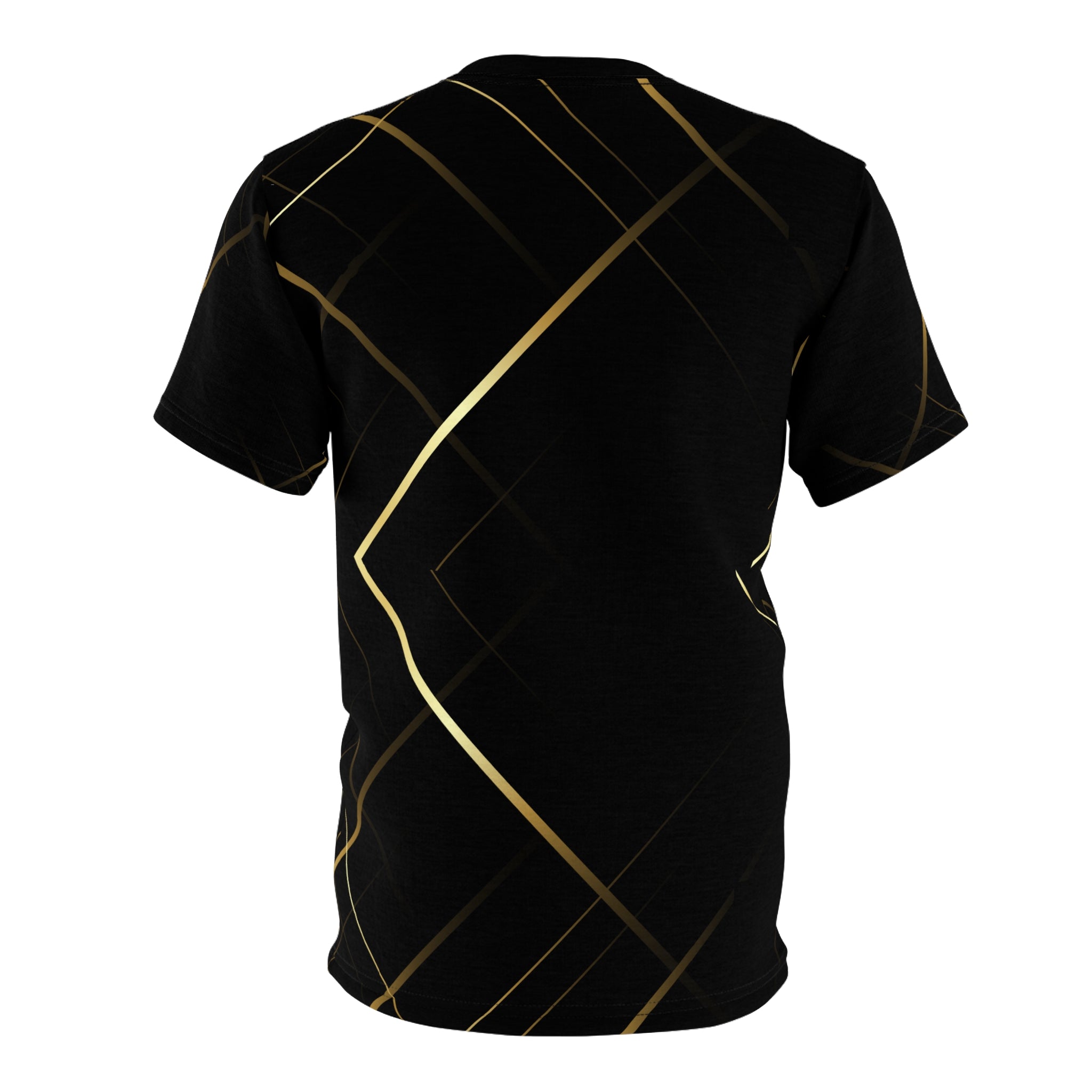 Black t-shirt with gold geometric patterns on a white background