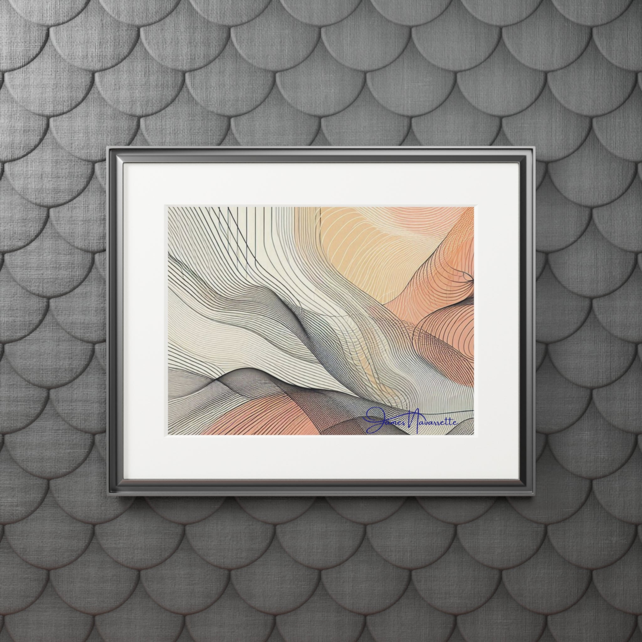 Abstract Ocean Waves in Peach, Cream and White with Passepartout Paper Frame