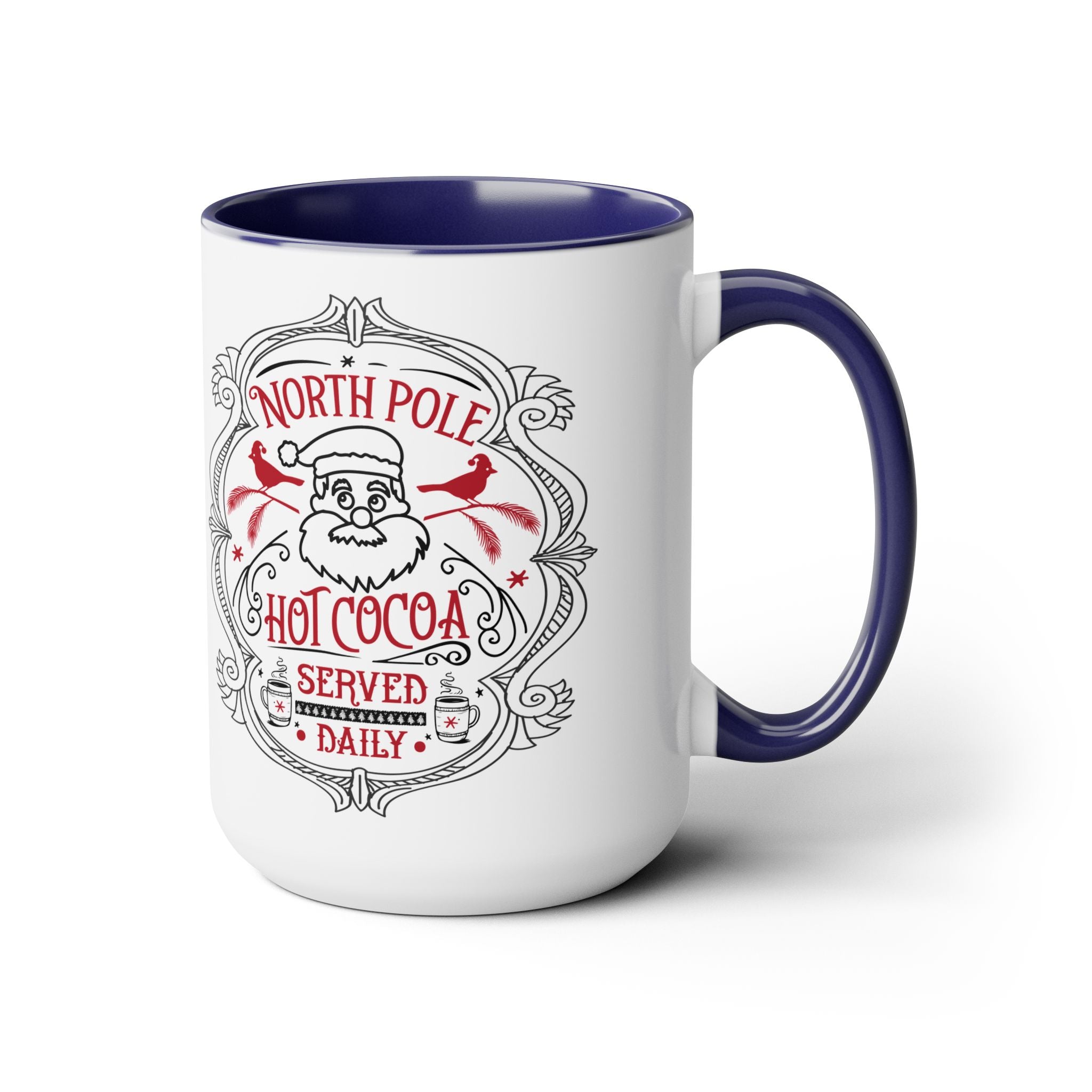 White mug with blue interior and handle featuring a Santa Claus design and text.
