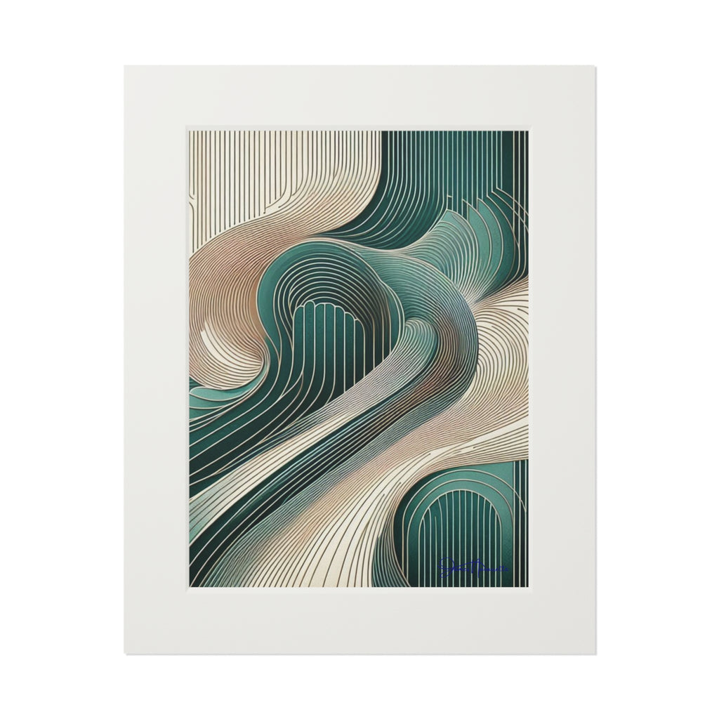 Abstract art print with wavy lines in green and beige on a white background