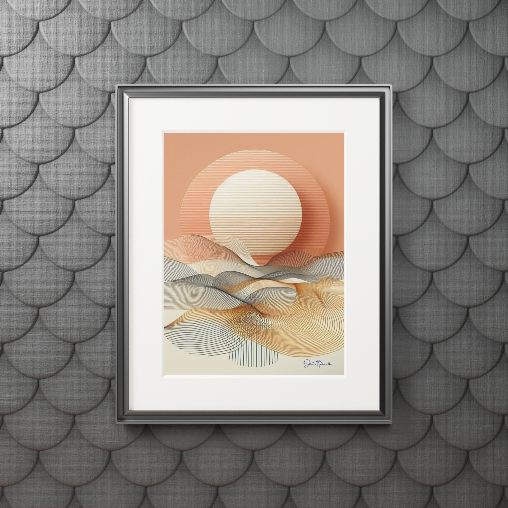 Framed abstract art print on a textured gray wall