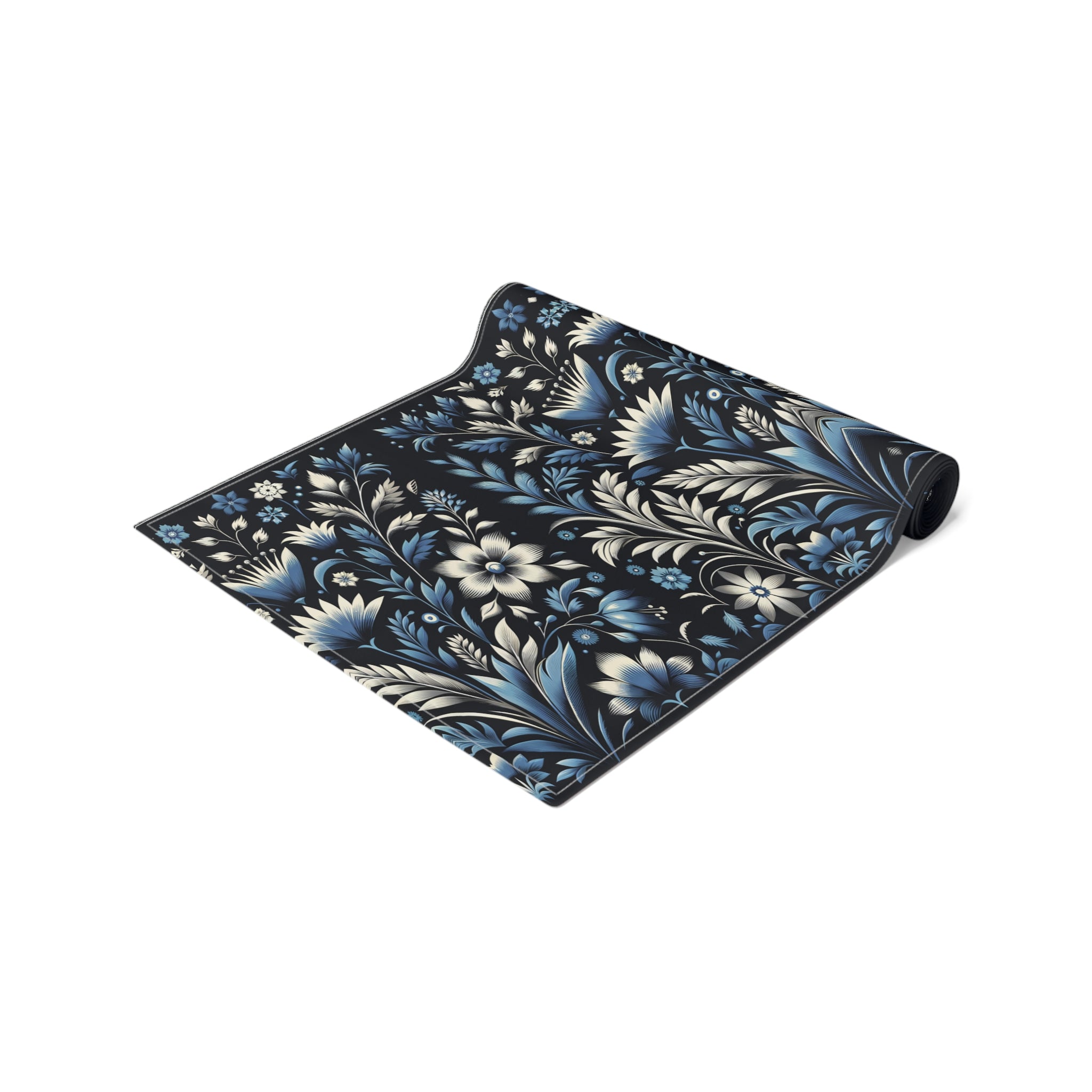 Dark Blue Art Deco Floral Table Runner Decor- Cotton Poly Blend