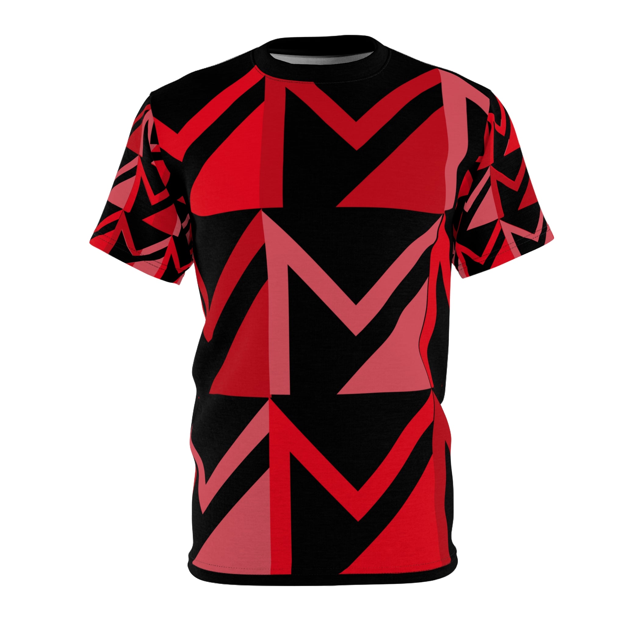 T-shirt with red and black geometric pattern on a white background