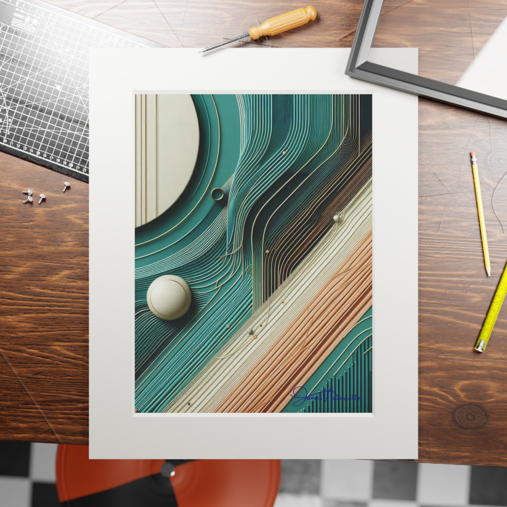Framed abstract artwork on a wooden table with tools