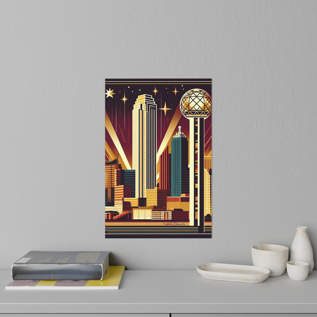 Cityscape poster on a gray wall with decorative items below