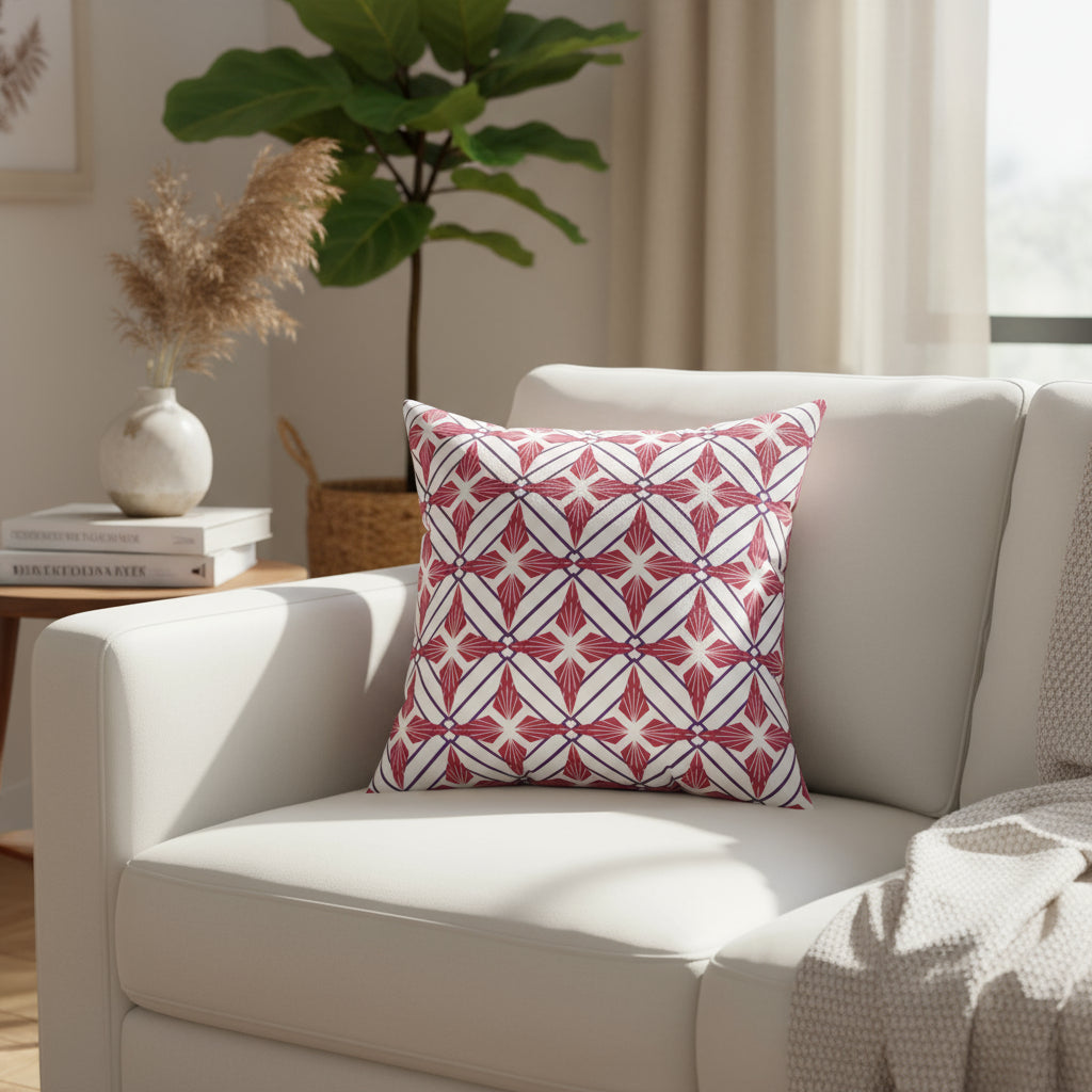 Decorative pillow with red and white geometric pattern on a white background