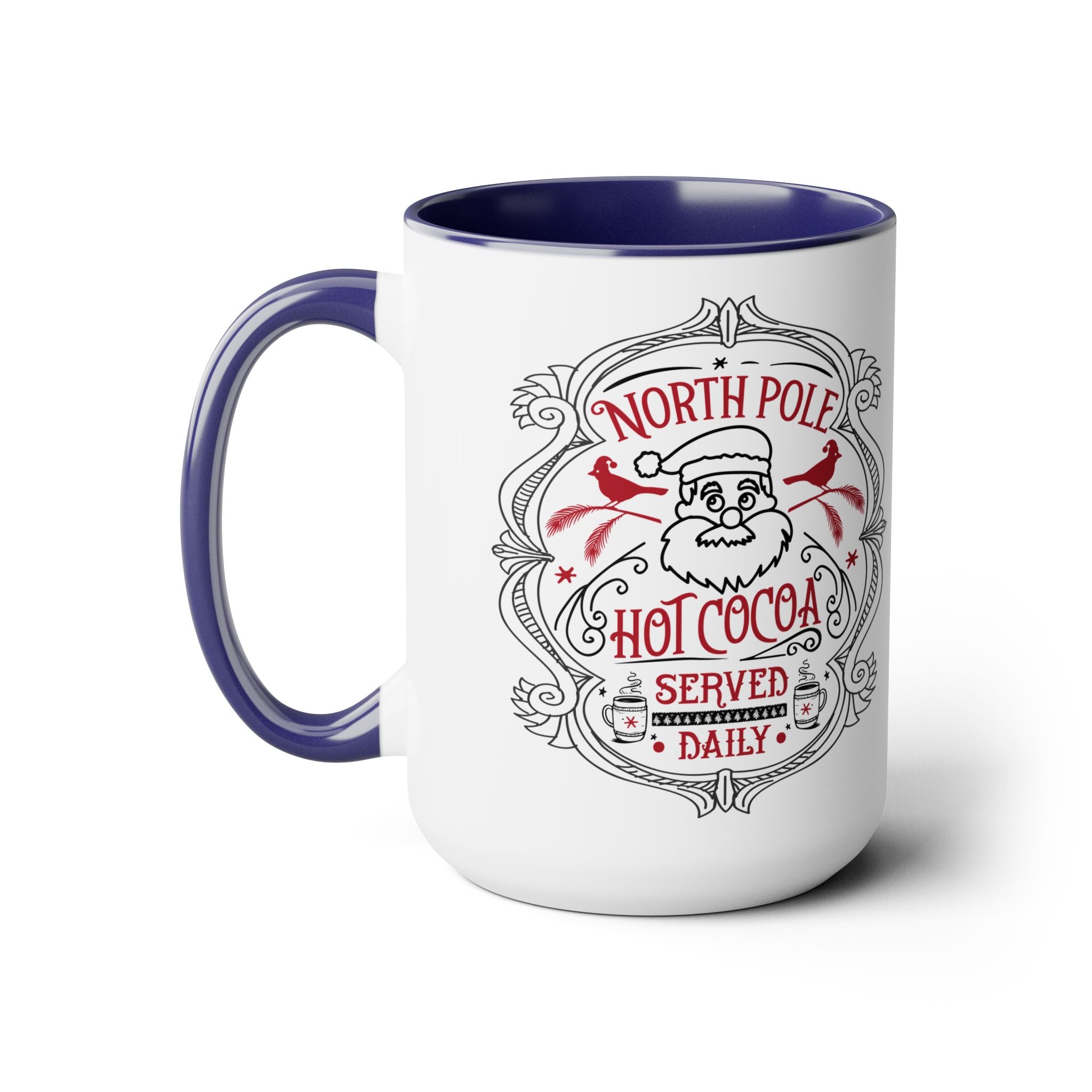 White mug with blue interior and handle, featuring a Santa Claus design and text.