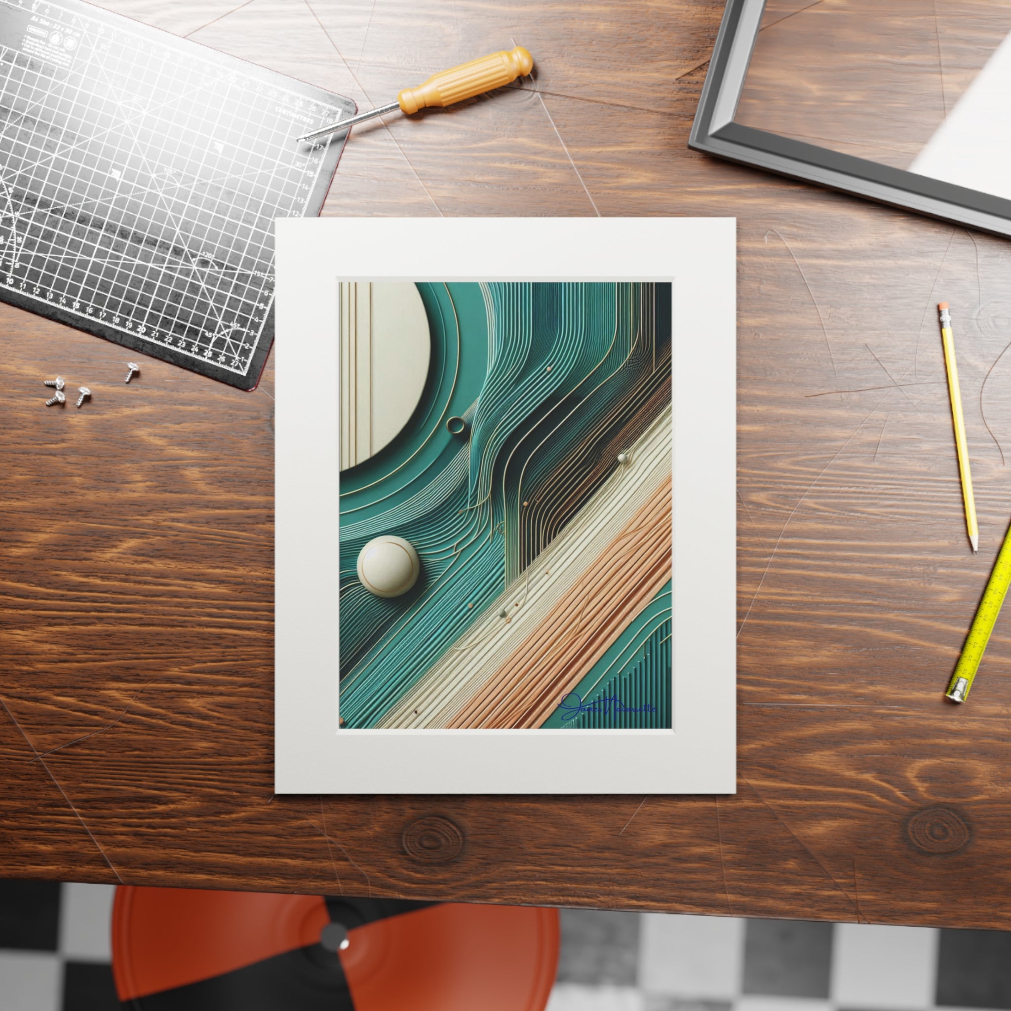 Framed abstract artwork on a wooden table with tools