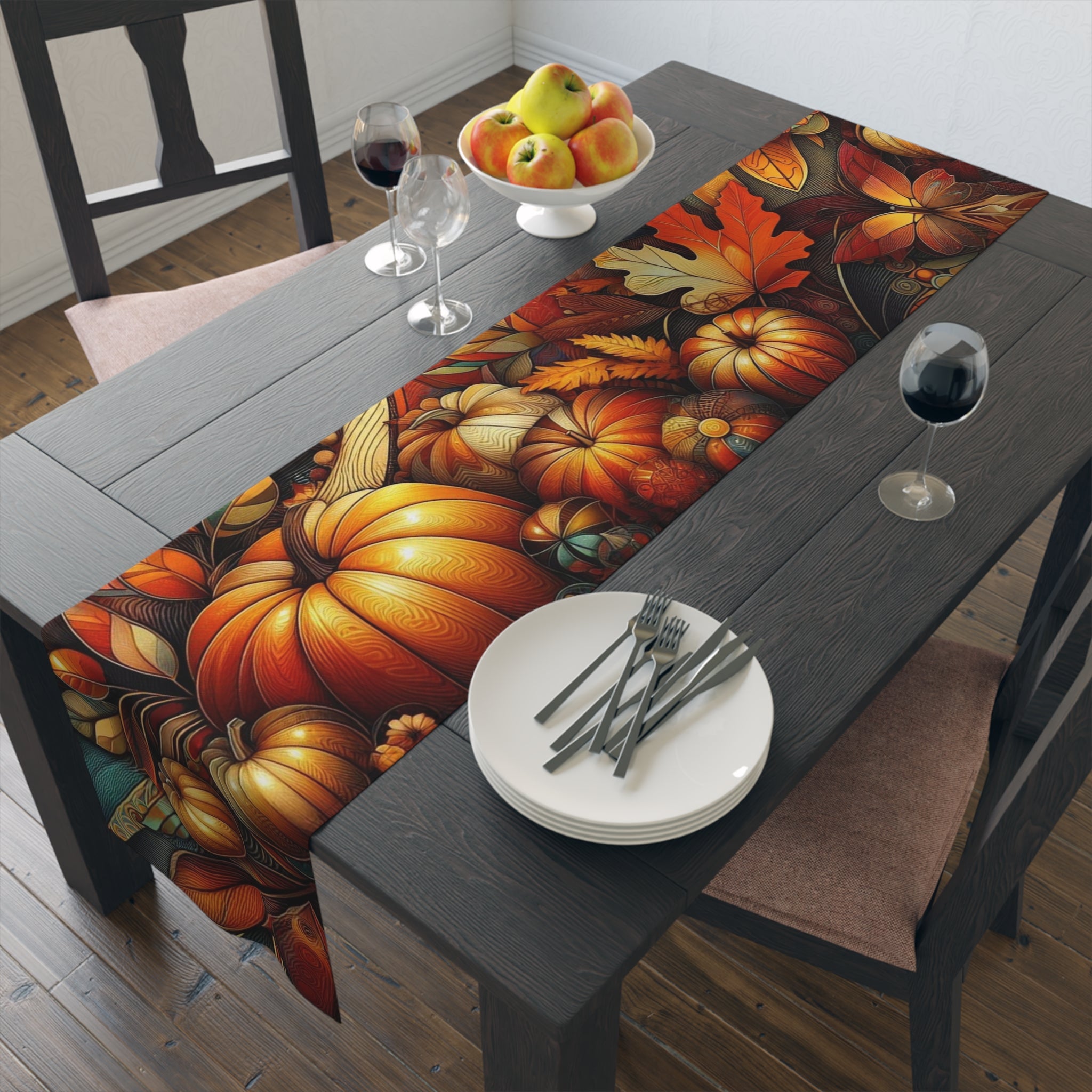 Table setting with a colorful pumpkin-themed table runner on a wooden table.