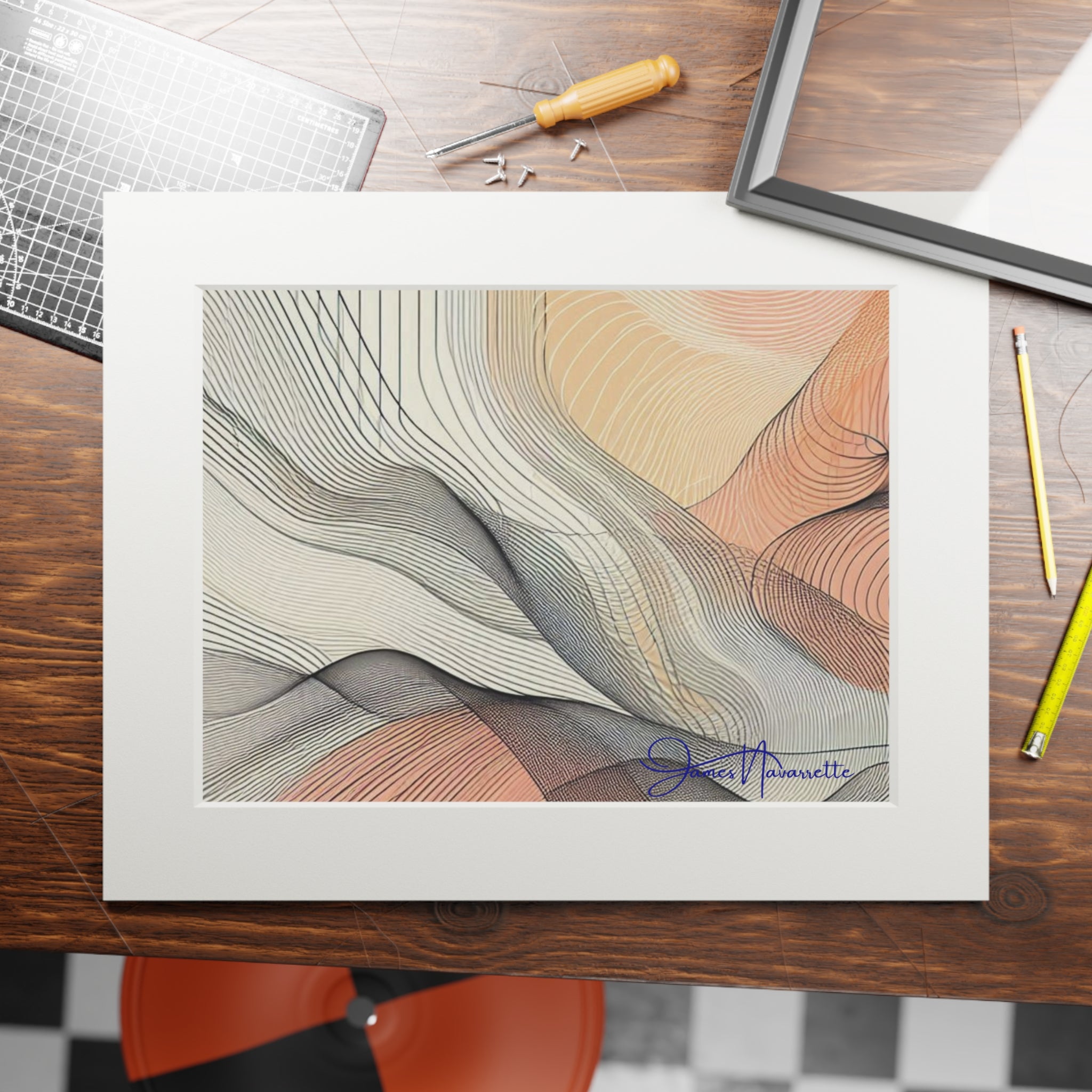 Abstract Ocean Waves in Peach, Cream and White with Passepartout Paper Frame