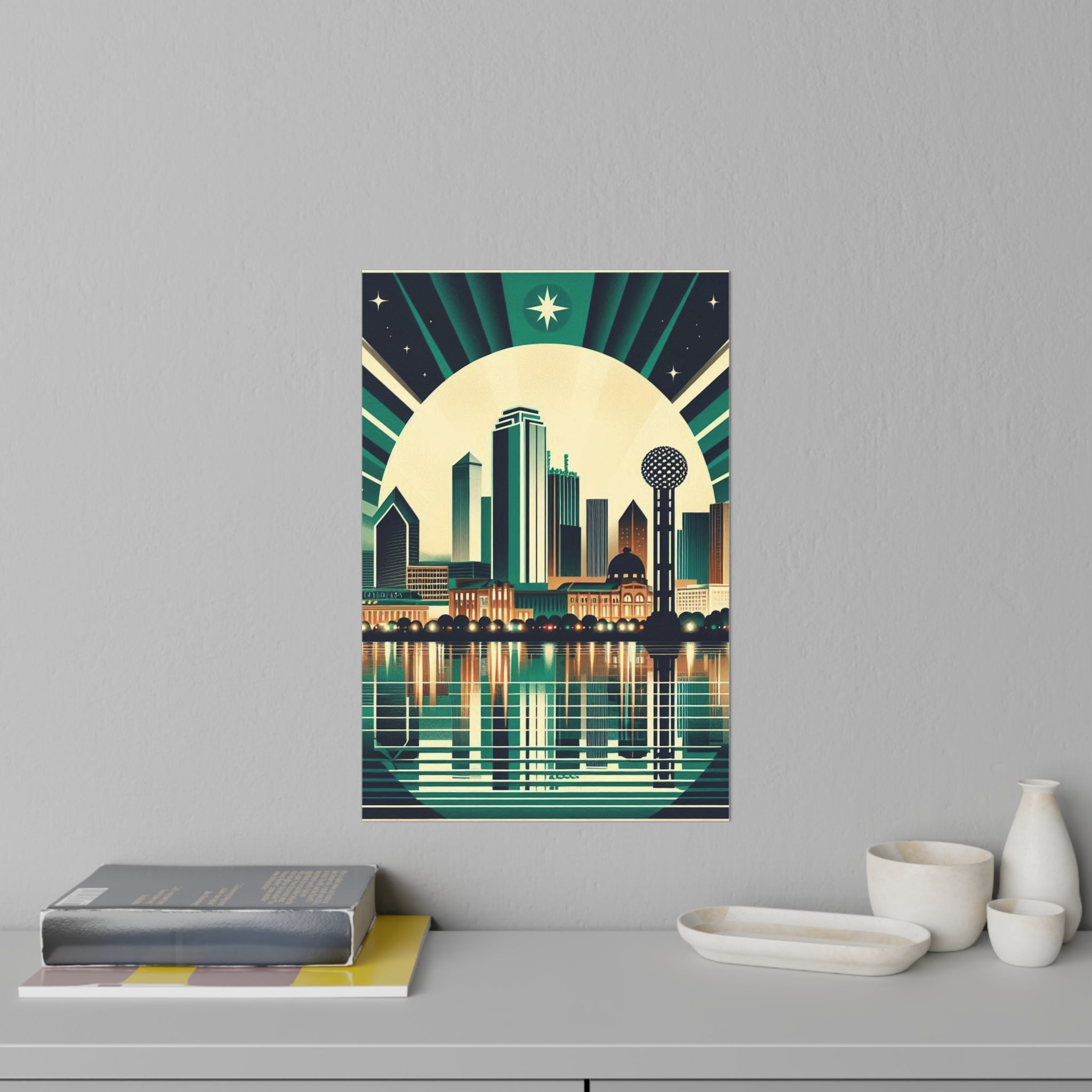 City skyline poster on a gray wall with decor items below