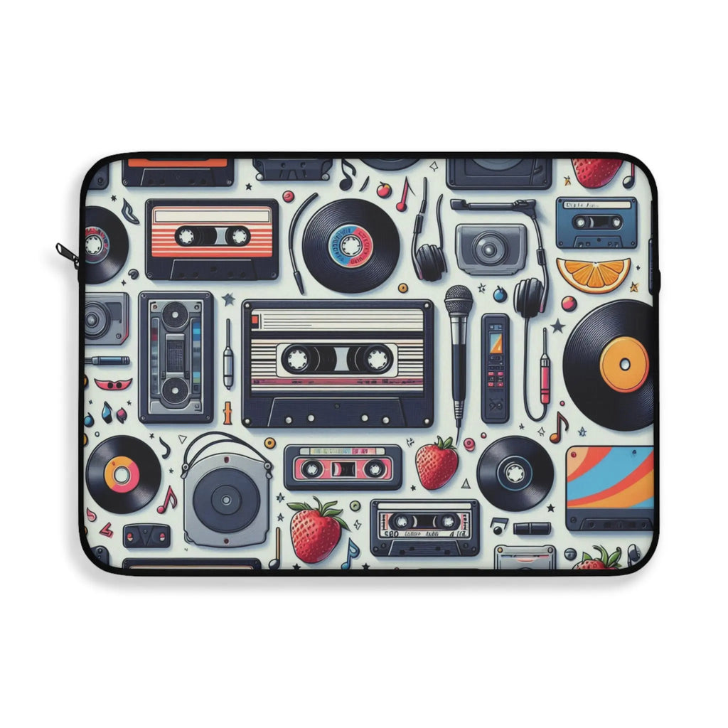 Laptop sleeve with retro music-themed design featuring cassettes, records, and other vintage audio equipment.
