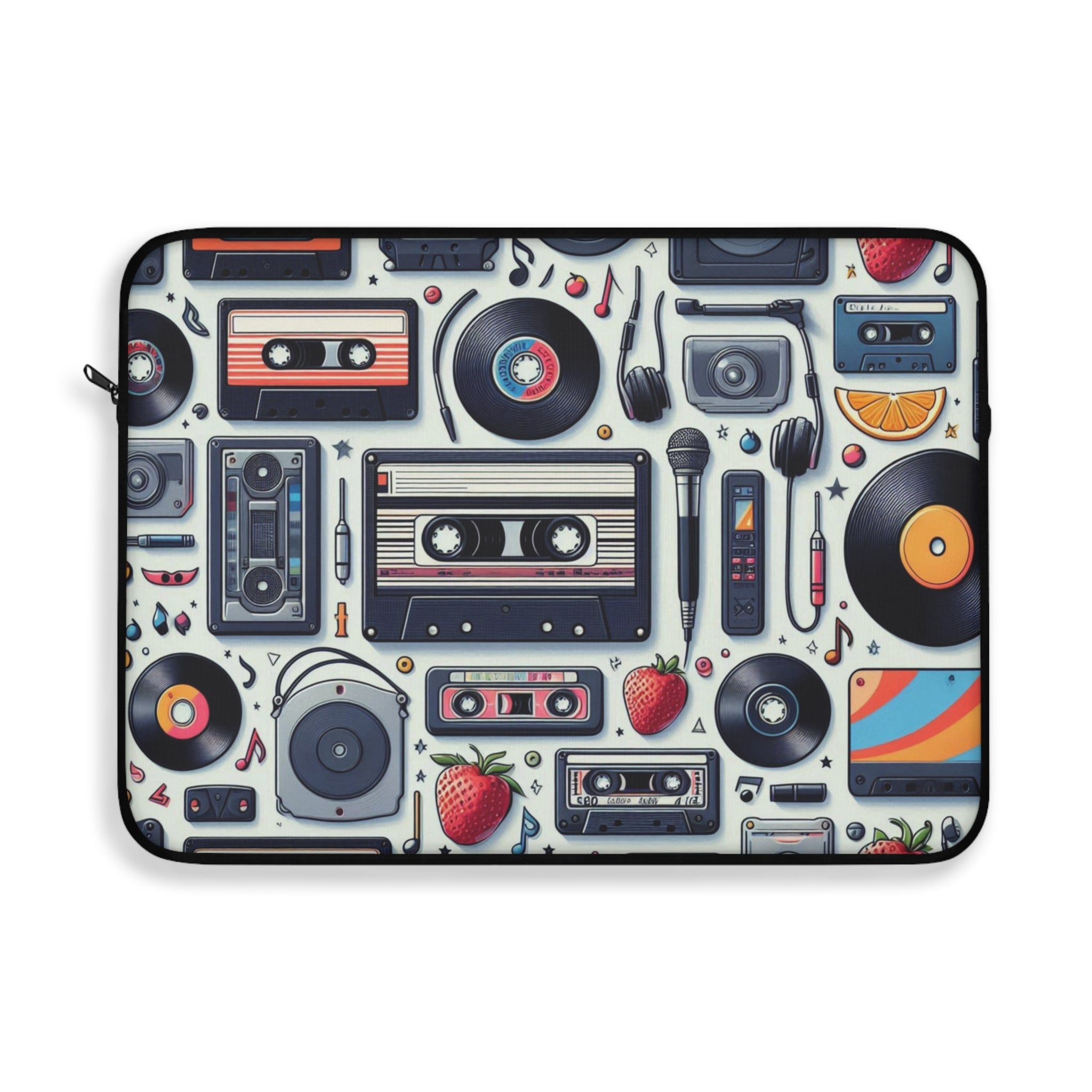 Laptop sleeve with retro music-themed design featuring cassettes, records, and other vintage audio equipment.