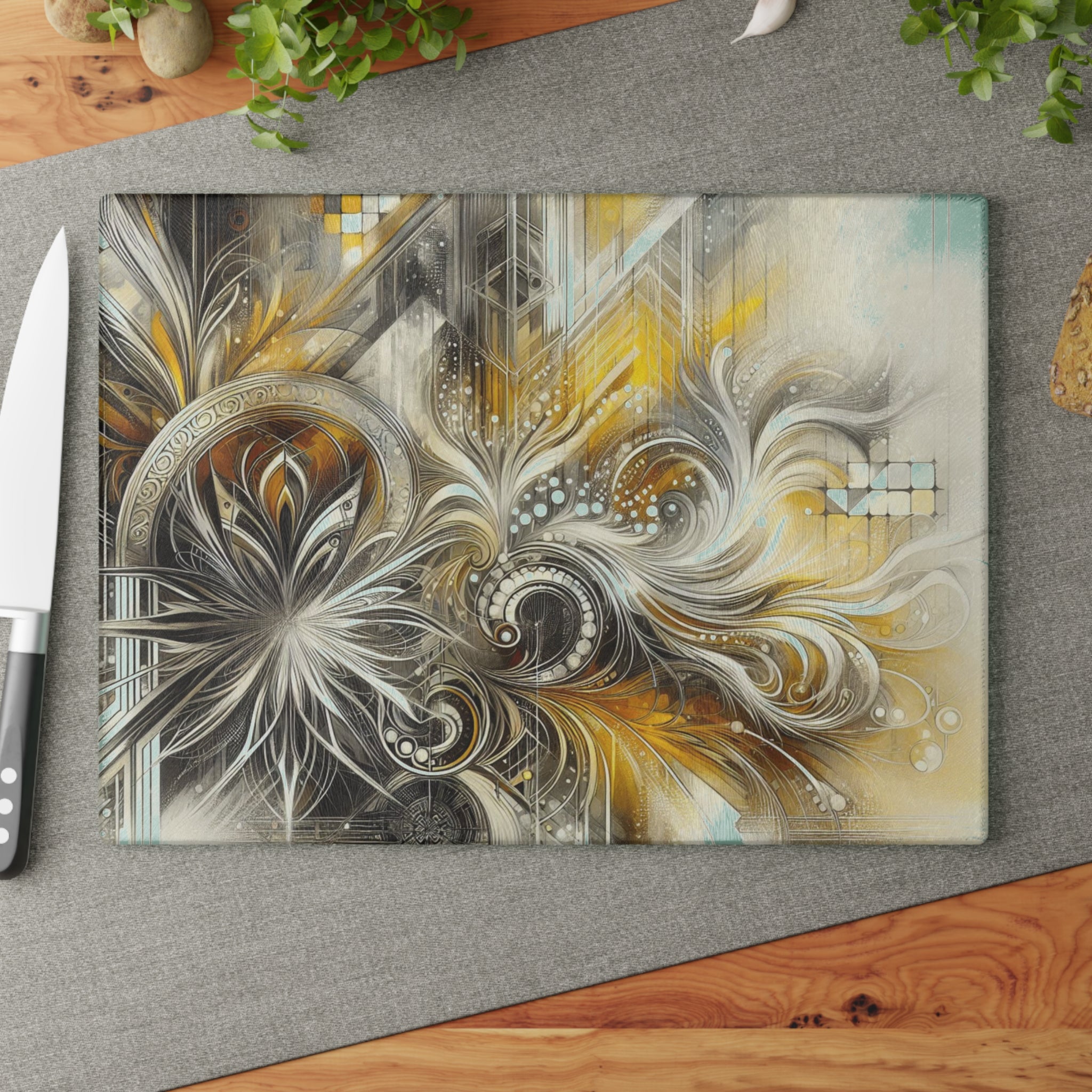 Stylish Yellow, Silver, and White Abstract Glass Cutting Board