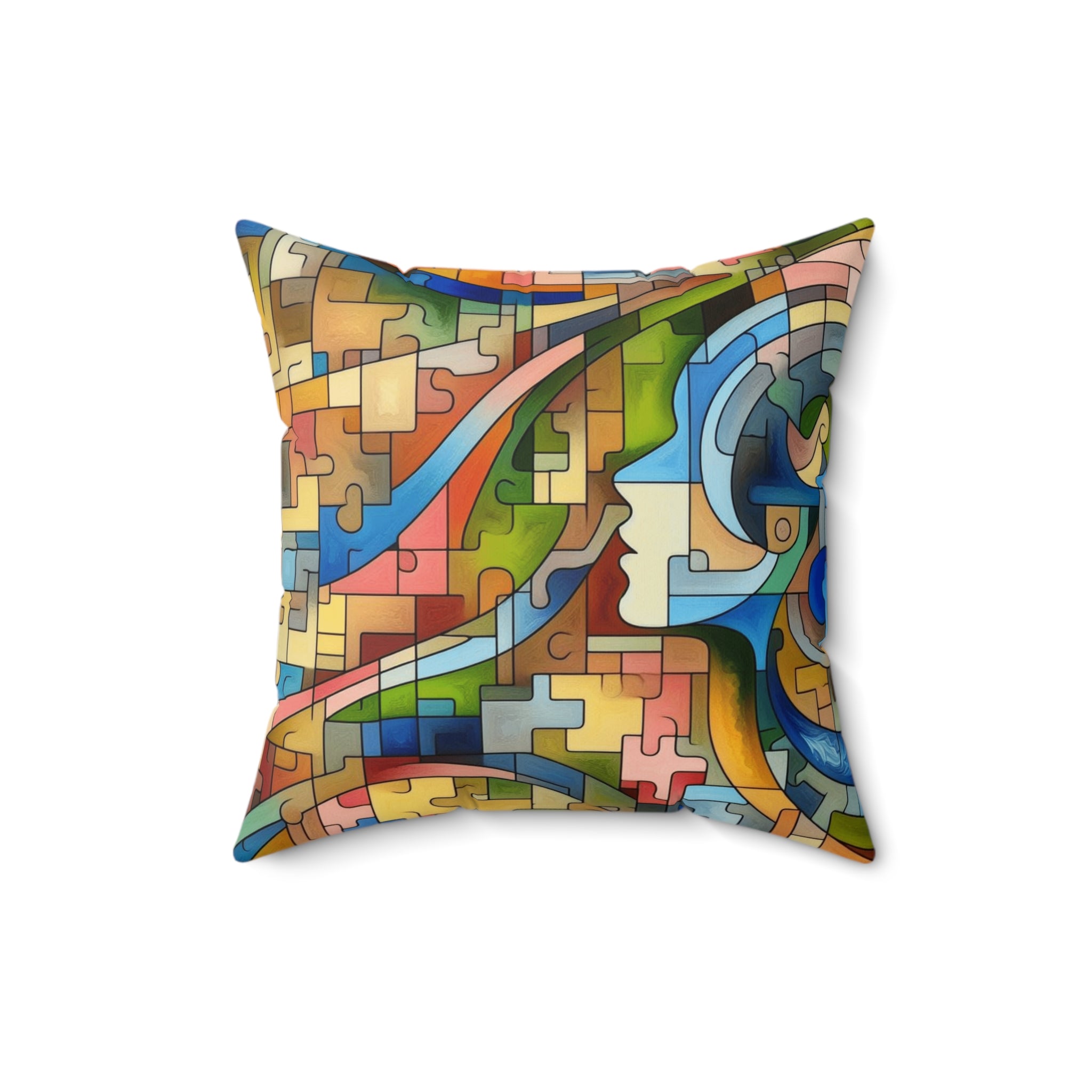 Colorful abstract-patterned pillow on a white background