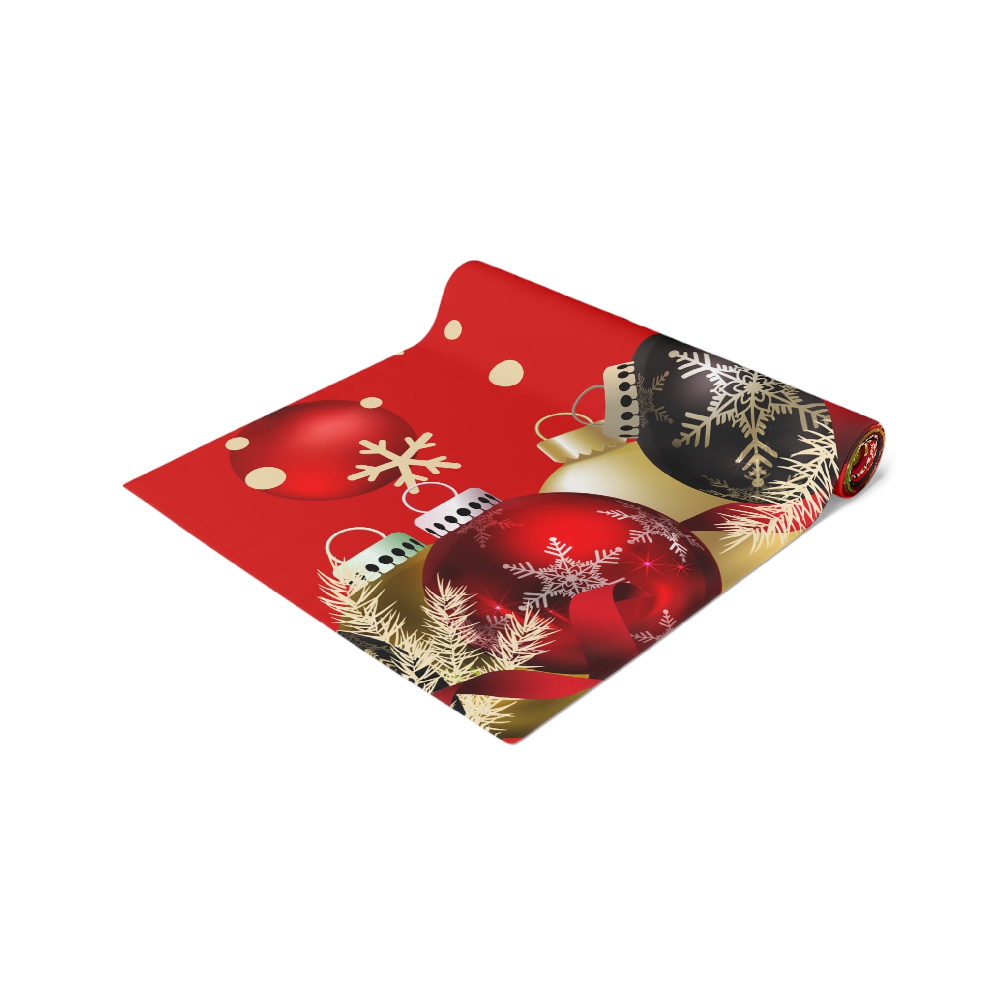 Red gift wrap paper with Christmas ornaments on a white background