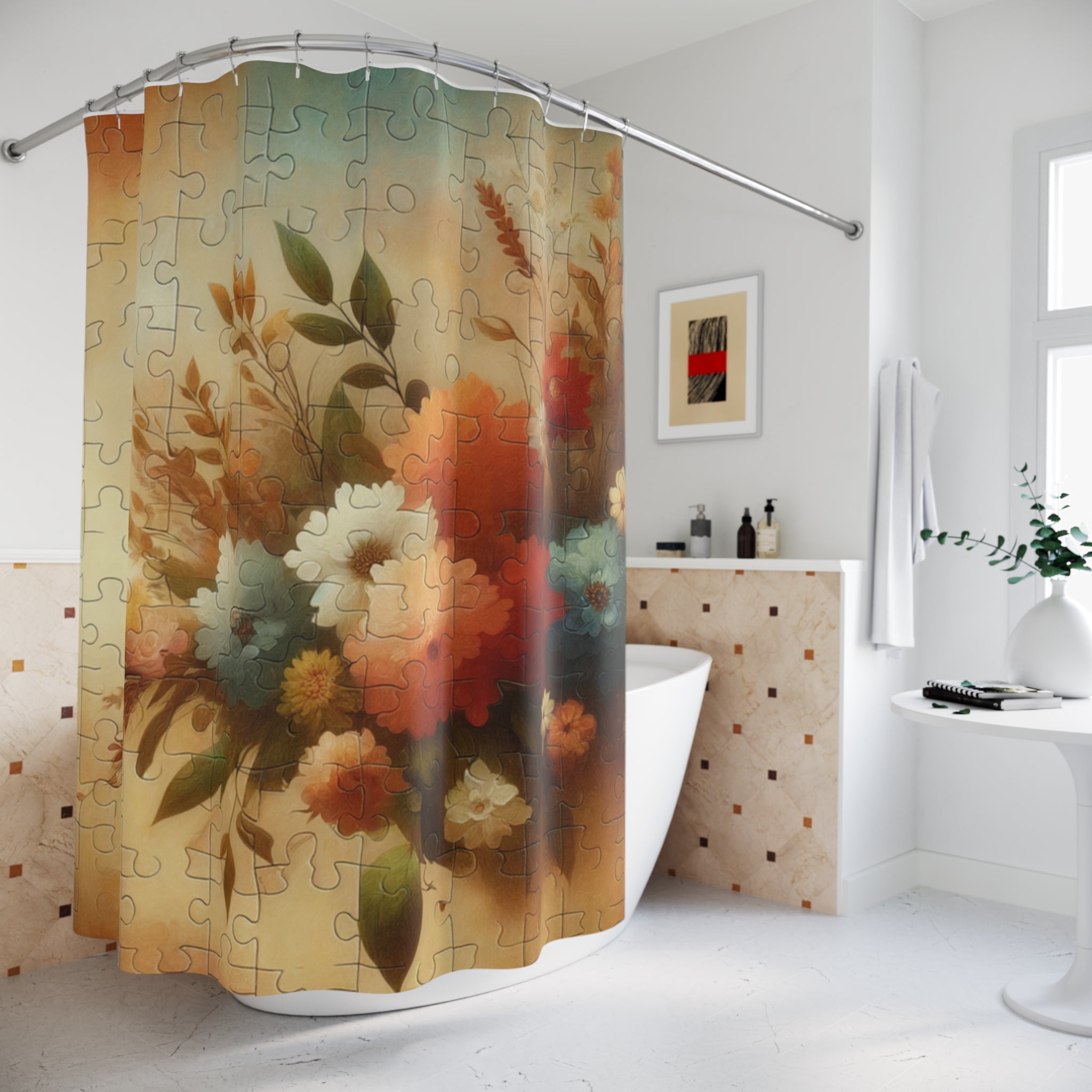 Shower curtain with floral design in a bathroom setting