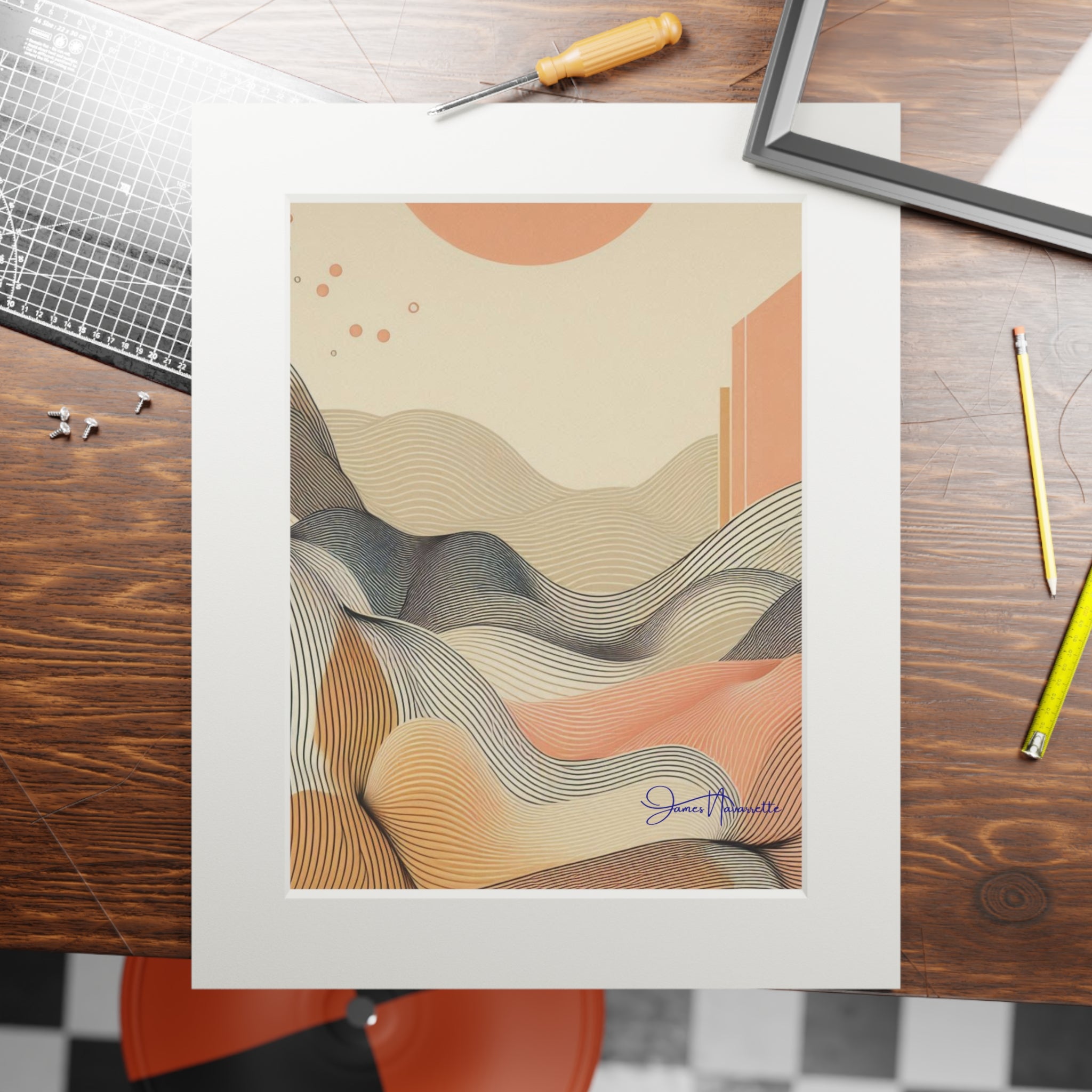Abstract Lofty Hilltop in Peach, Cream and White with Passepartout Paper Frame