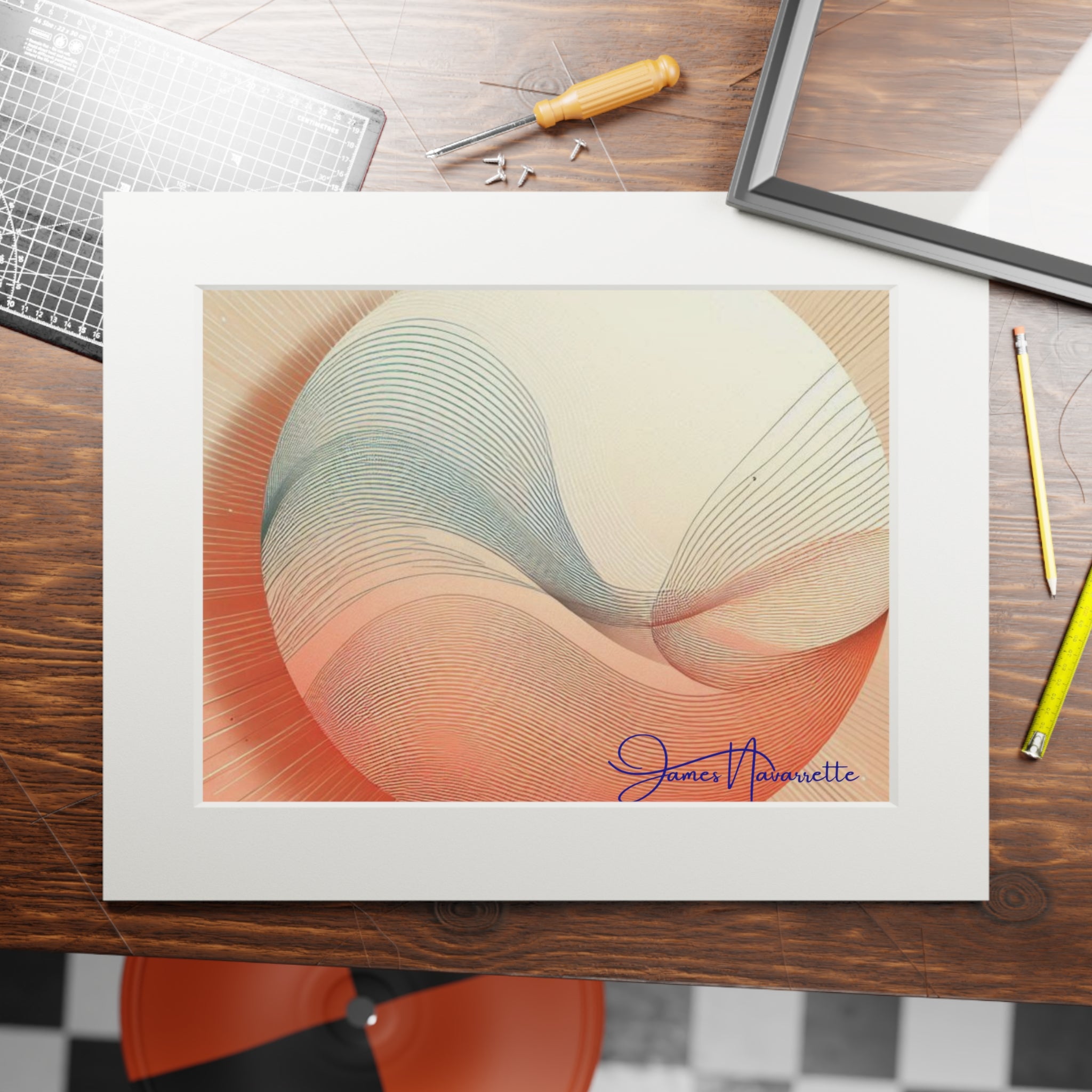 Framed abstract artwork on a wooden table with tools and pencils.