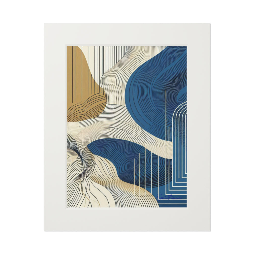 Abstract art print with blue, gold, and beige patterns on a white background