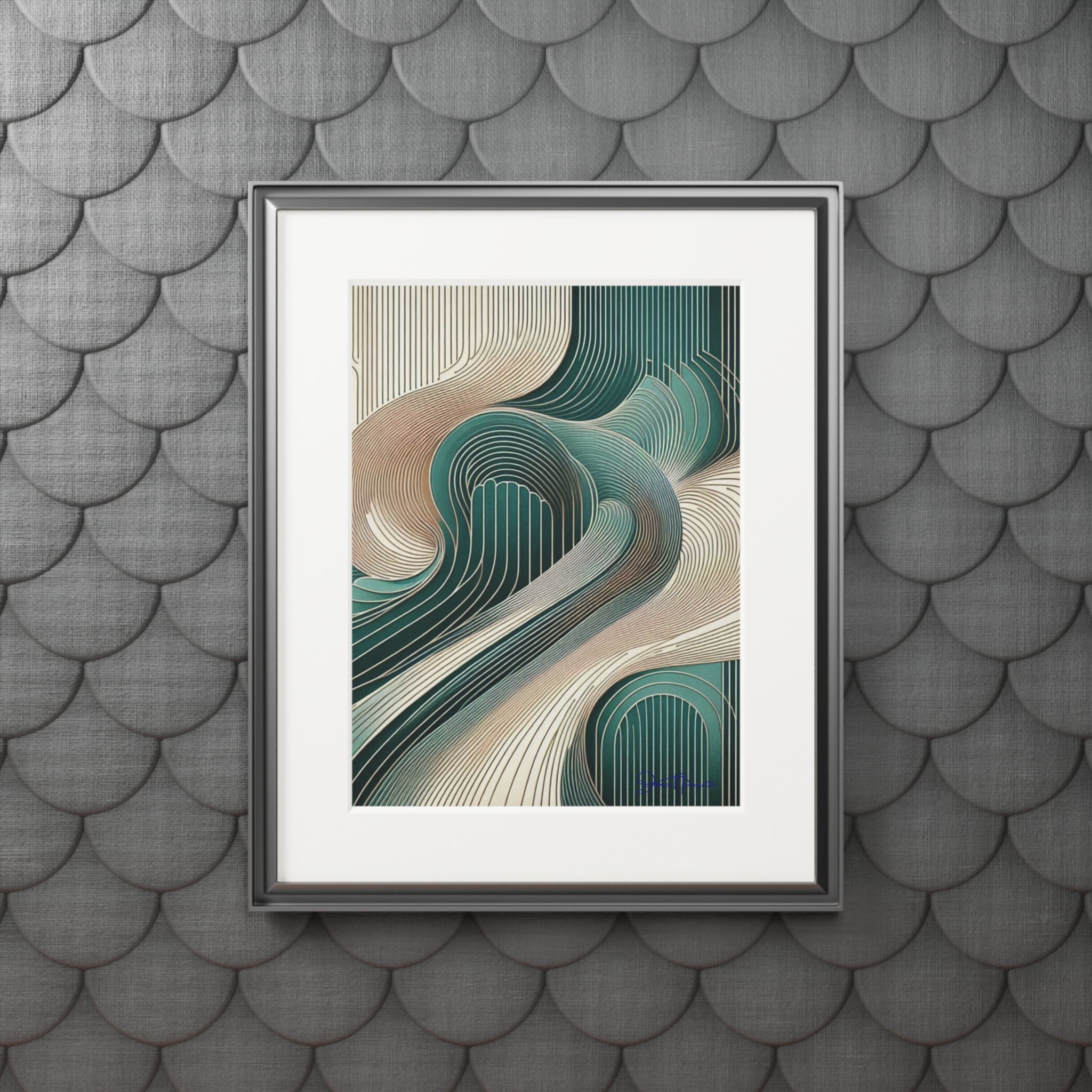 Fine Art Prints Abstract Landscape in cobalt, cream and white in Passepartout Paper Frame