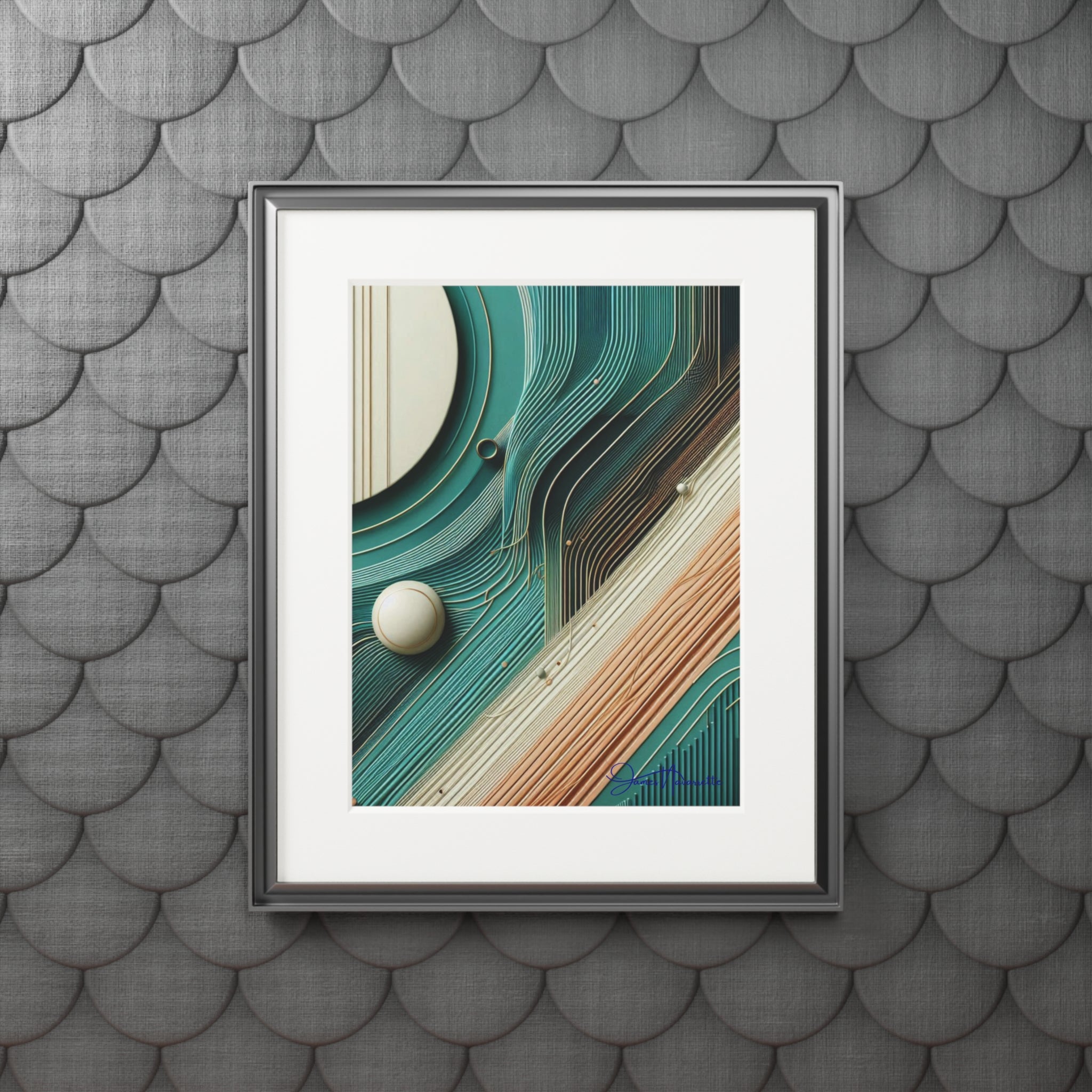 Framed abstract art print on a textured gray wall
