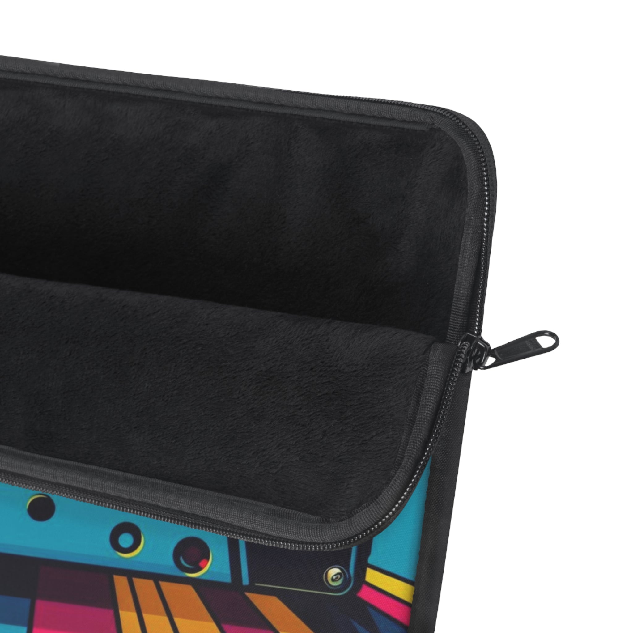 Black laptop sleeve with colorful geometric pattern on a white background