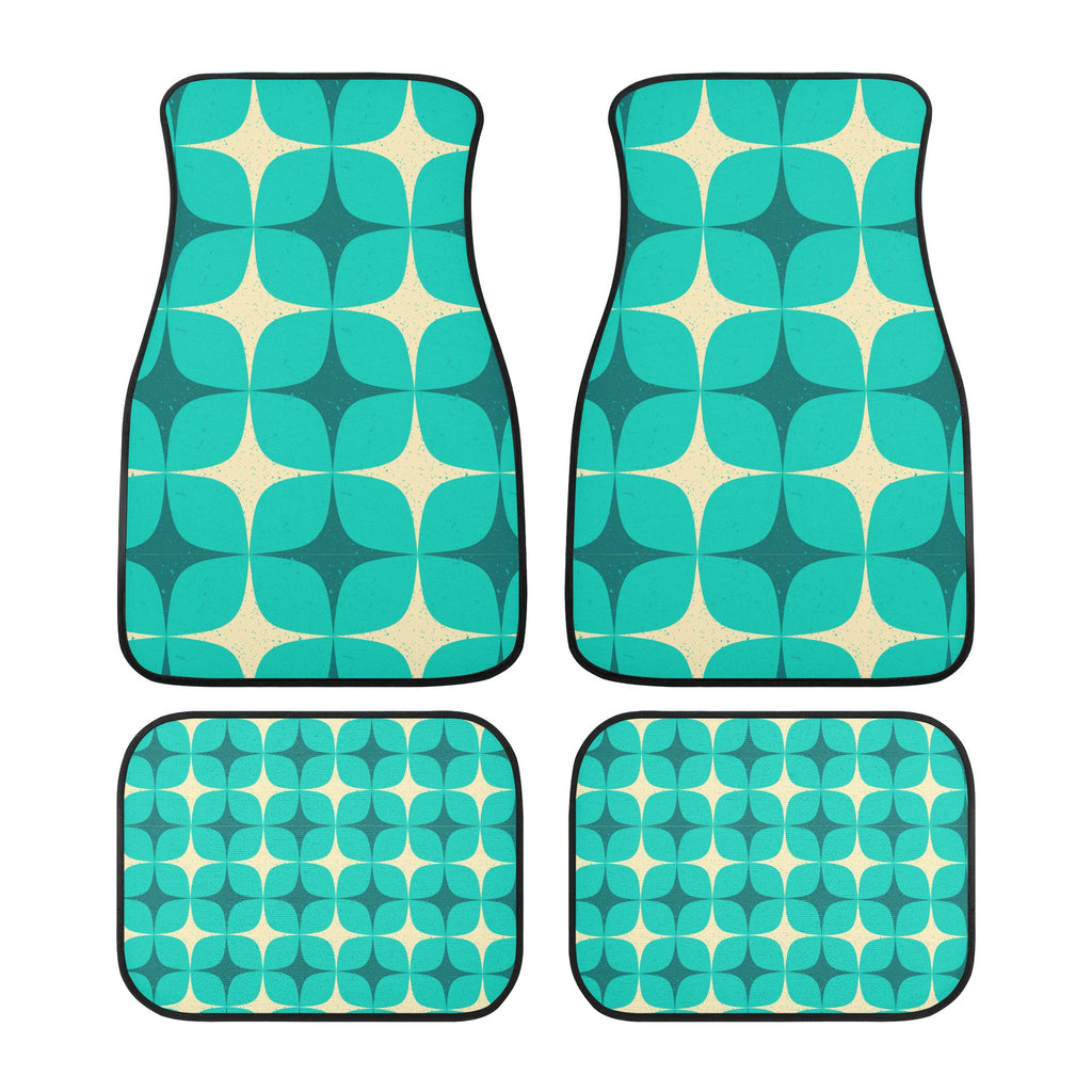 Set of four teal and beige patterned car floor mats on a white background