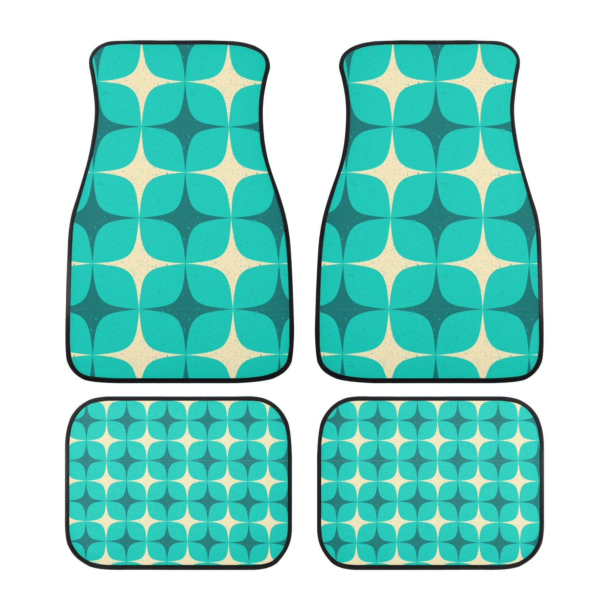 Set of four teal and beige patterned car floor mats on a white background