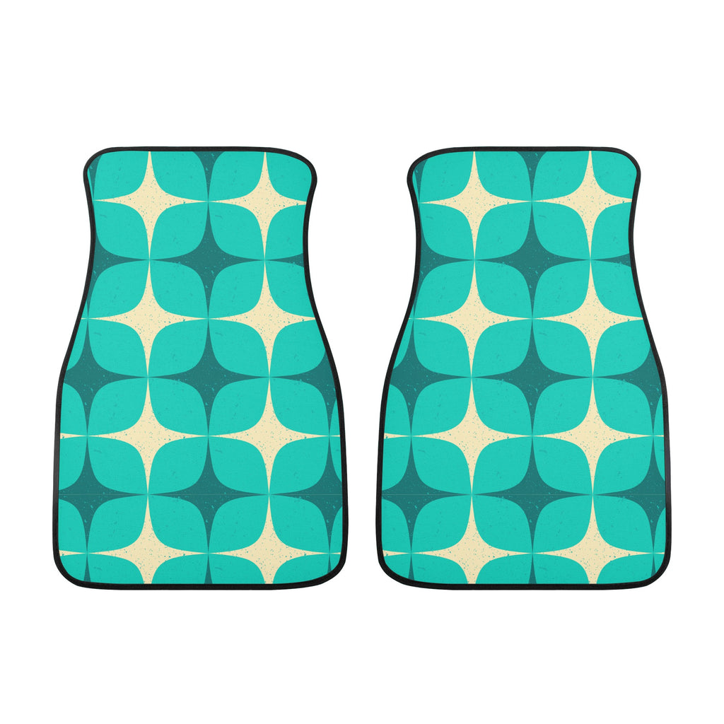 Pair of teal and beige patterned car floor mats on a white background