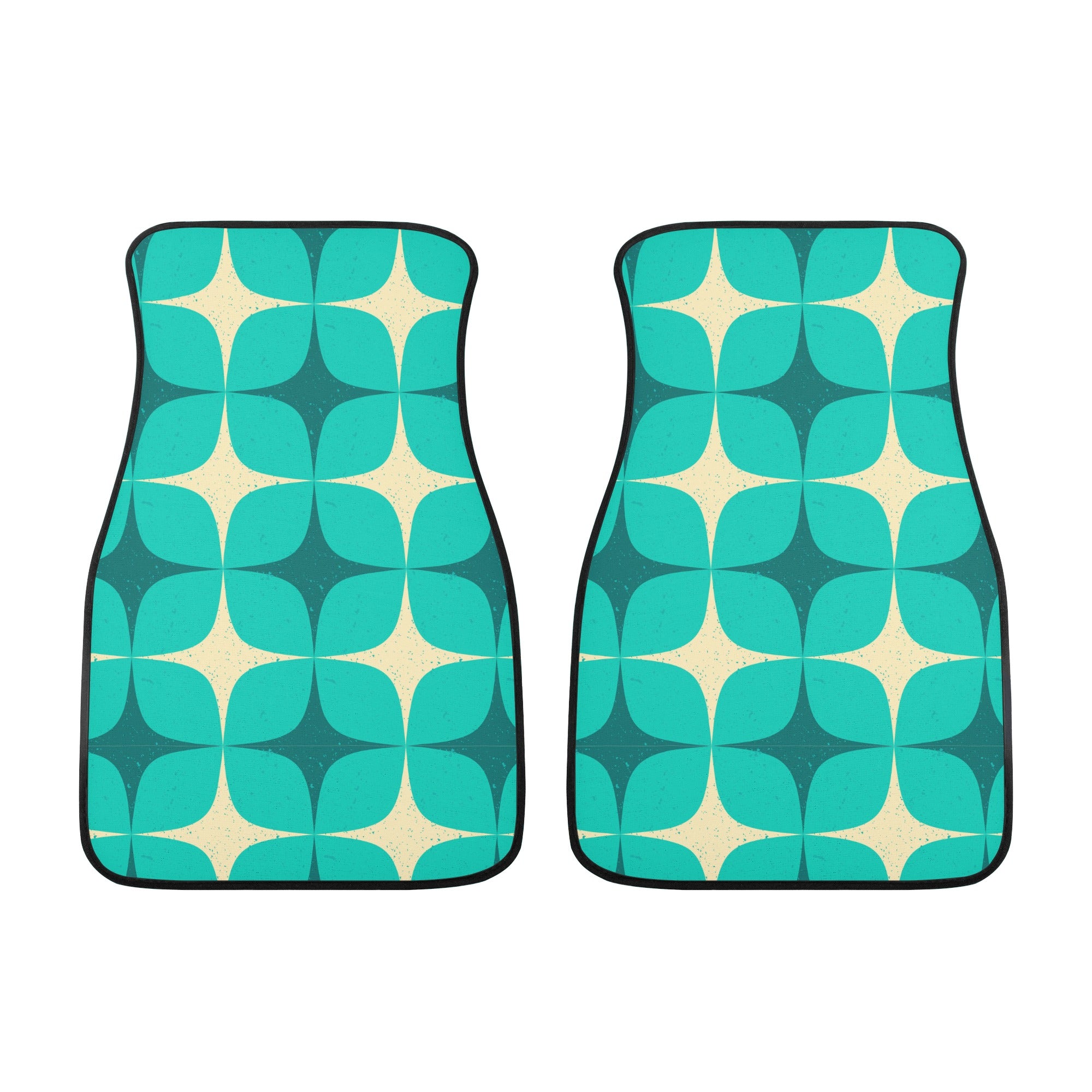 Pair of teal and beige patterned car floor mats on a white background