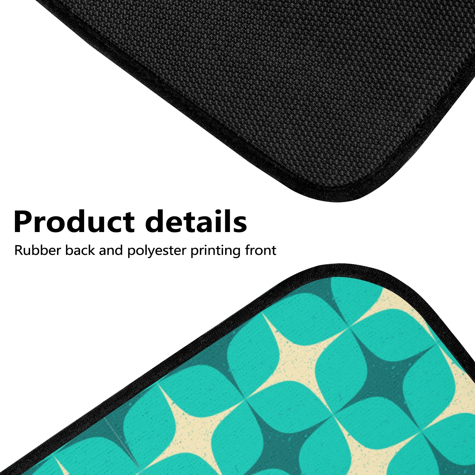 Car floor mat with rubber back and polyester printing front, showing top and bottom views.