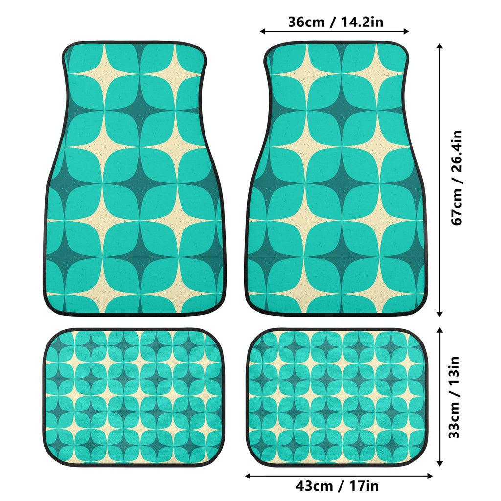 Set of four teal and beige patterned car mats with dimensions displayed.
