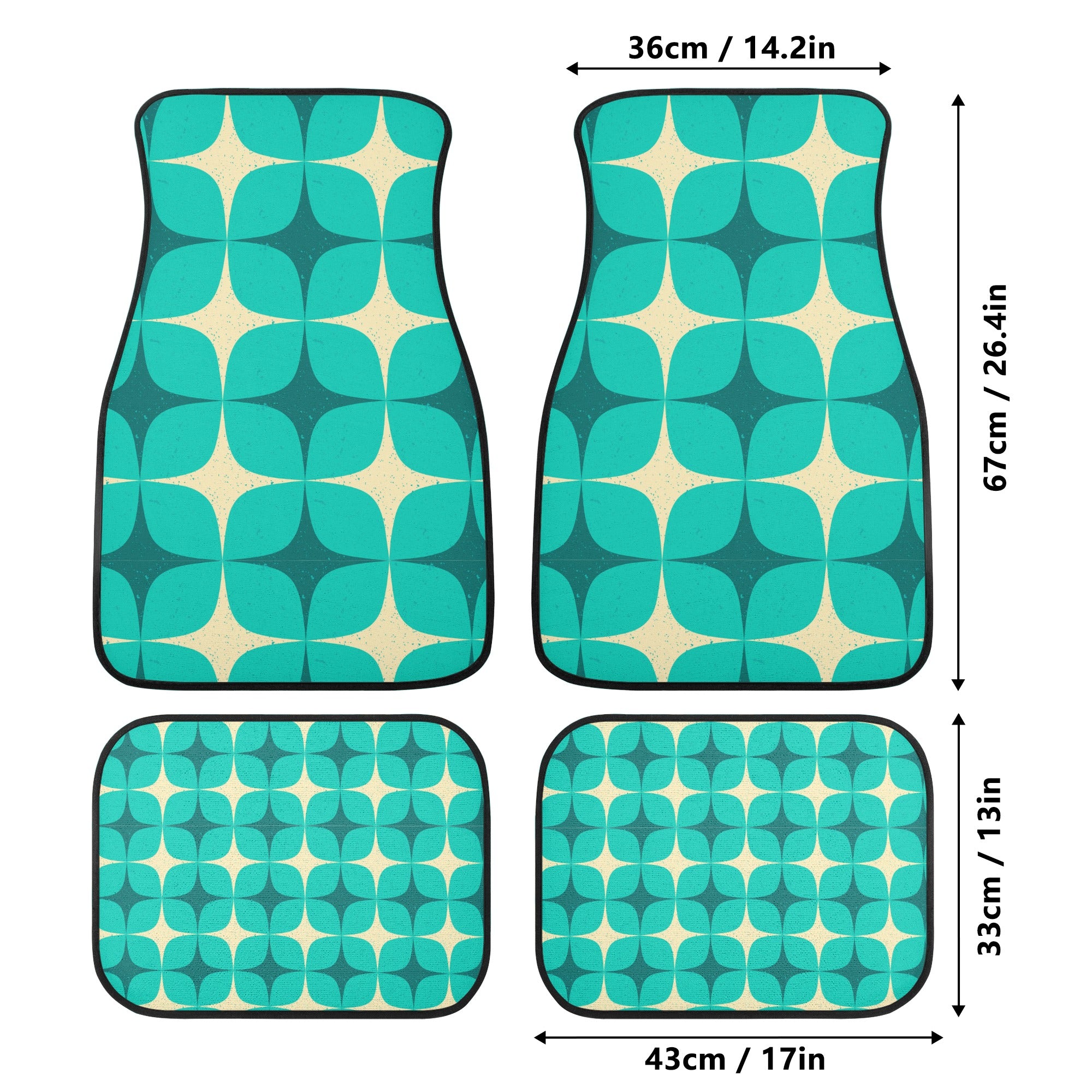 Set of four teal and beige patterned car mats with dimensions displayed.