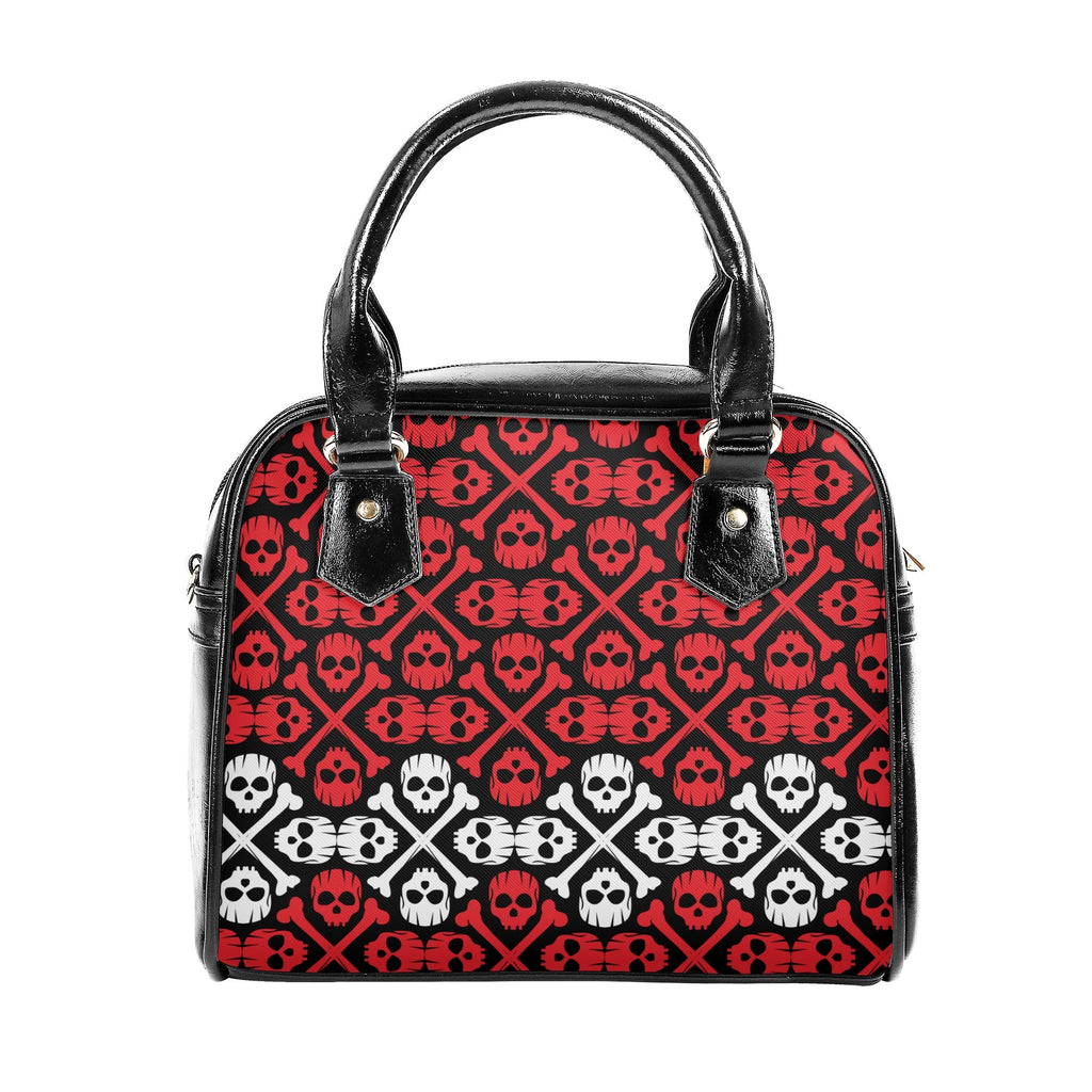 Handbag with skull and crossbones pattern on a white background