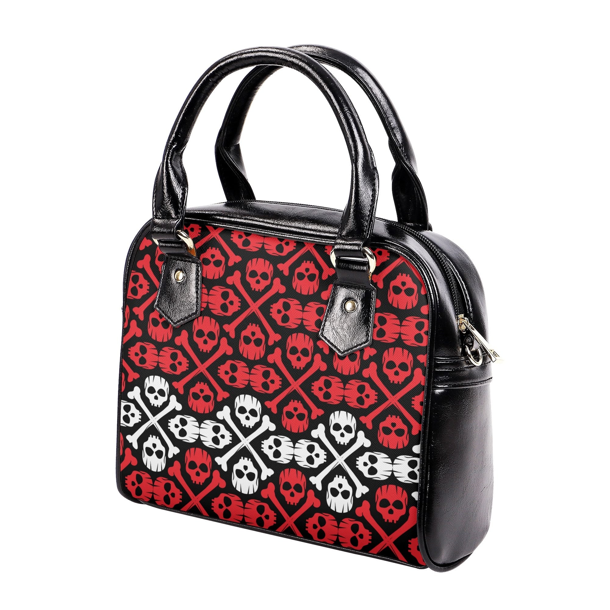 Black handbag with red and white skull pattern on a white background