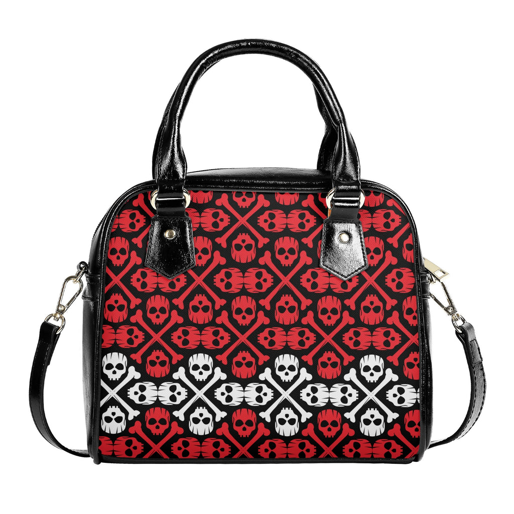 Handbag with red and black skull pattern on a white background