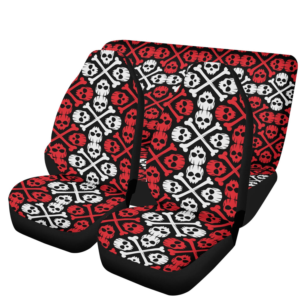 Set of car seat covers with skull and crossbones pattern on a white background